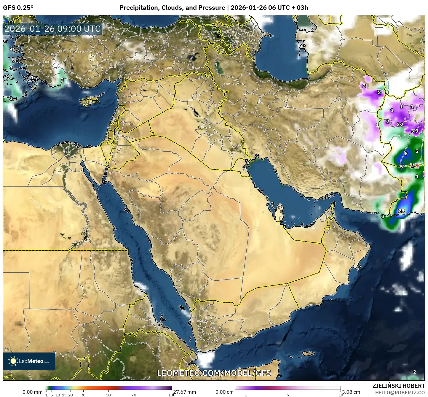 GFS model - Orta Doğu, Yağış, Bulut ve Basınç