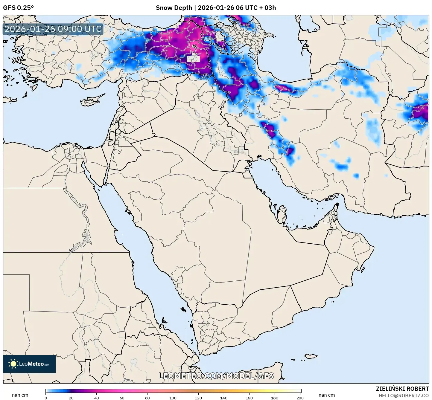 GFS model - Orta Doğu, Kar Kalınlığı