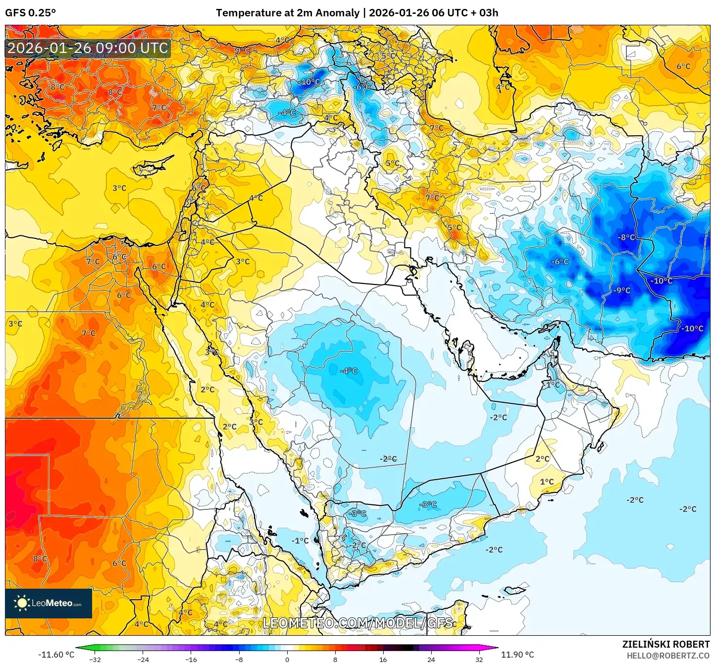 GFS model - Orta Doğu, 2 m Sıcaklık Anomalisi