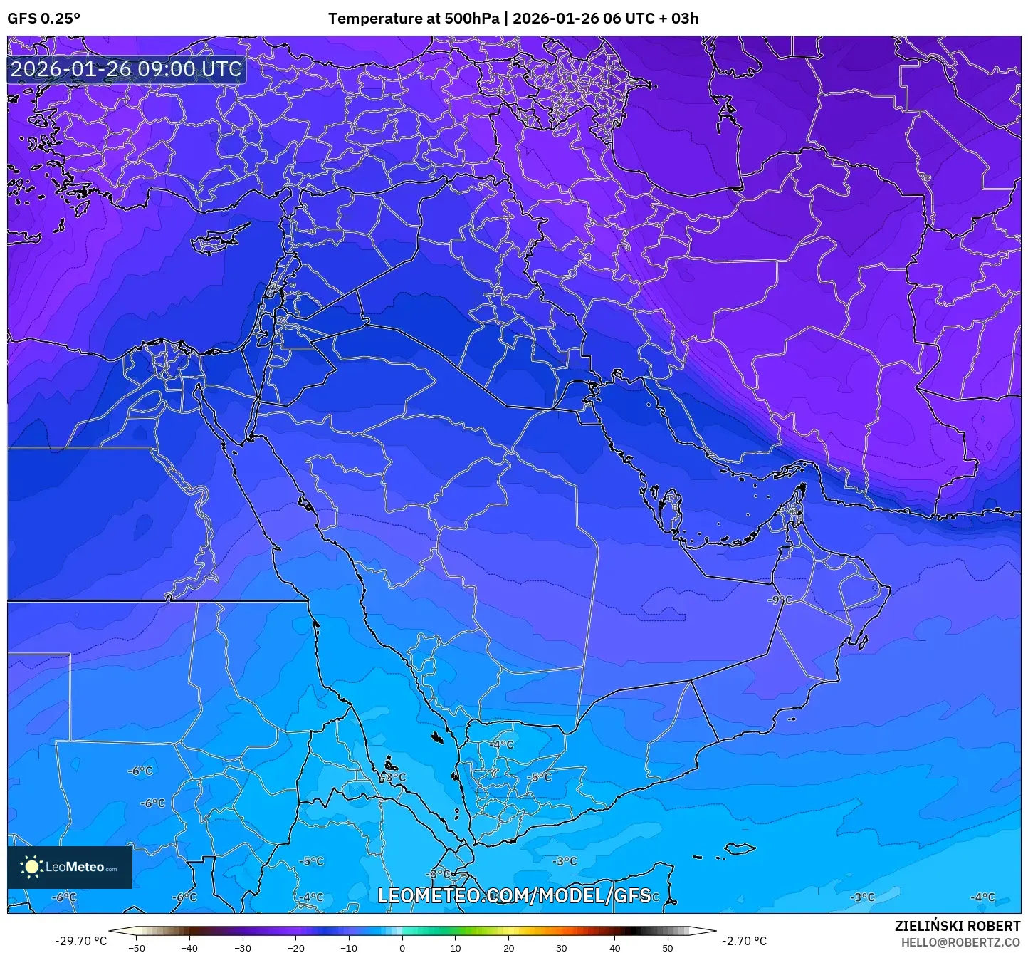 GFS model - Orta Doğu, 500 hPa Sıcaklık