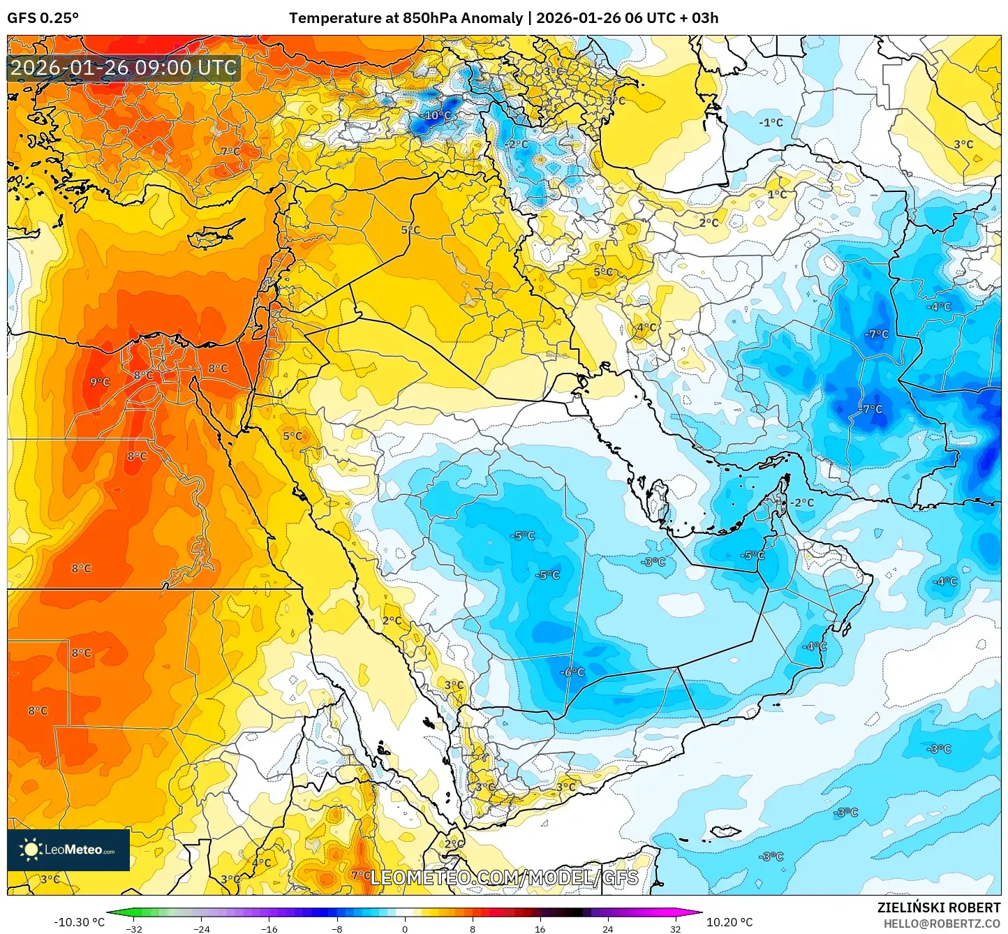 GFS model - Orta Doğu, 850 hPa Sıcaklık Anomalisi