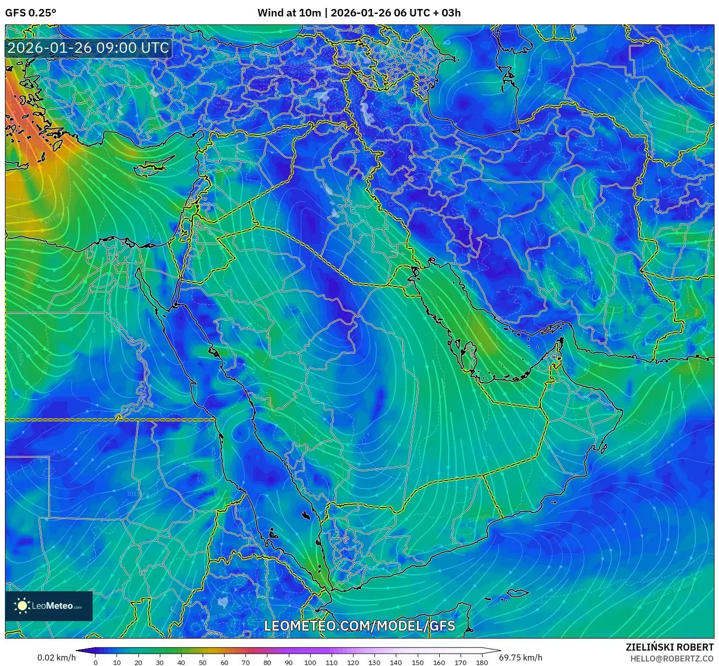 GFS model - Orta Doğu, 10 m Rüzgâr