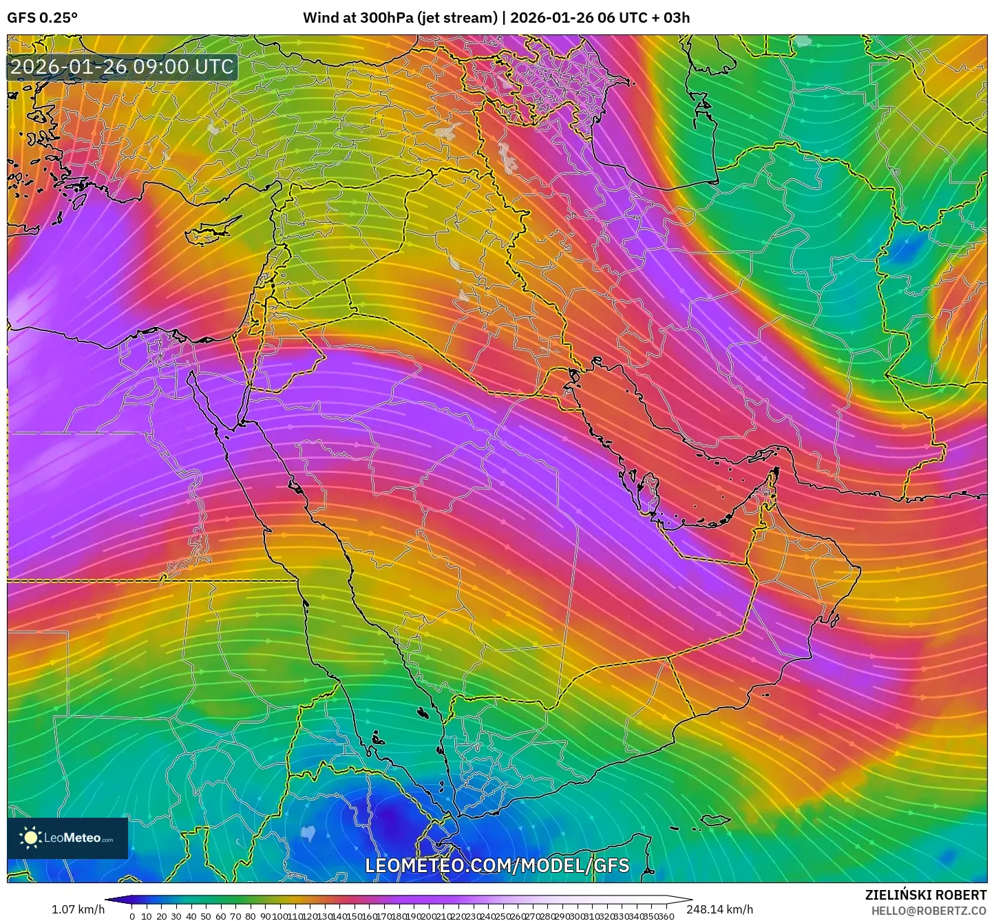 GFS model - Orta Doğu, 300 hPa Rüzgârı (jet)