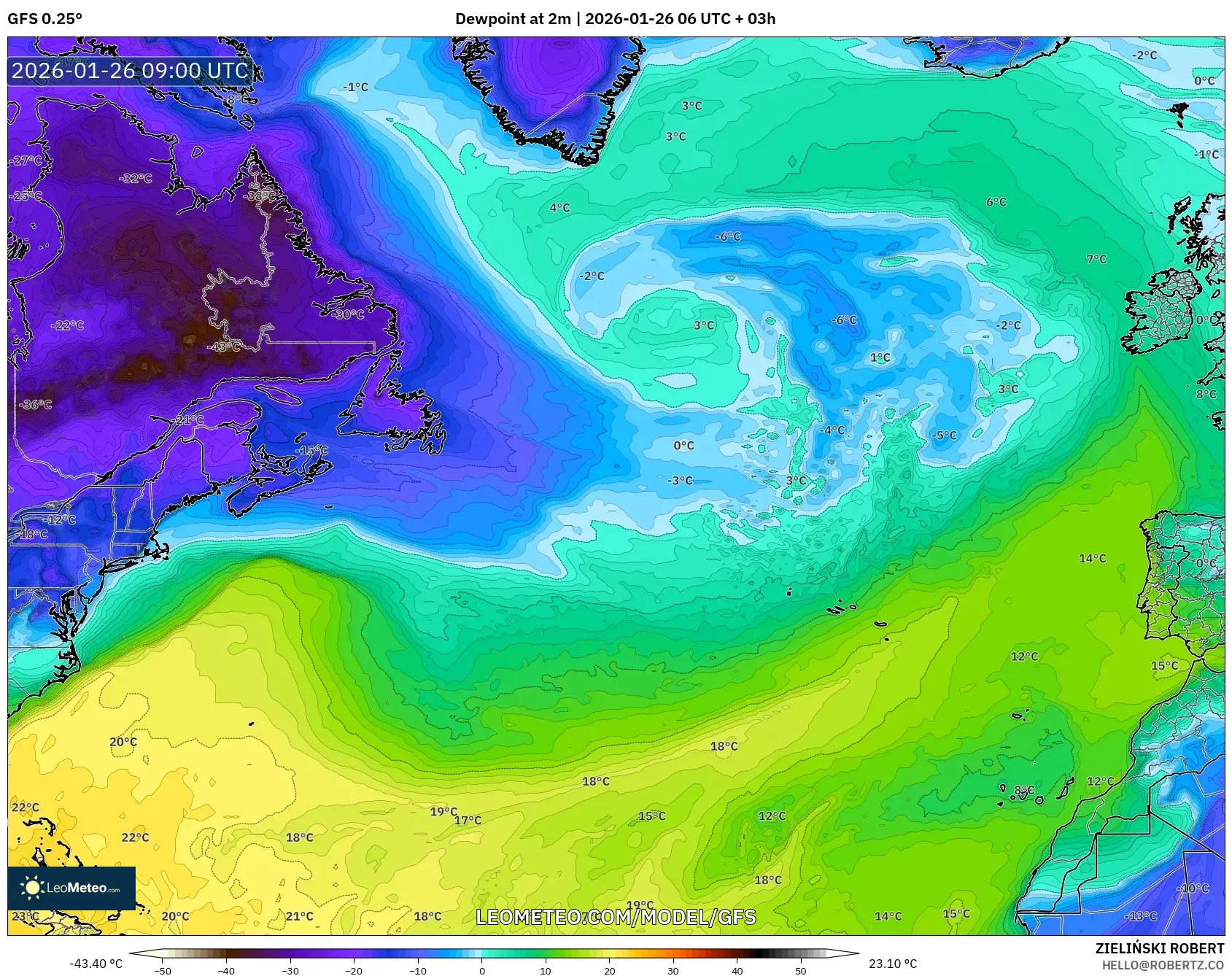 GFS model - Kuzey Atlantik, 2 m Çiy Noktası