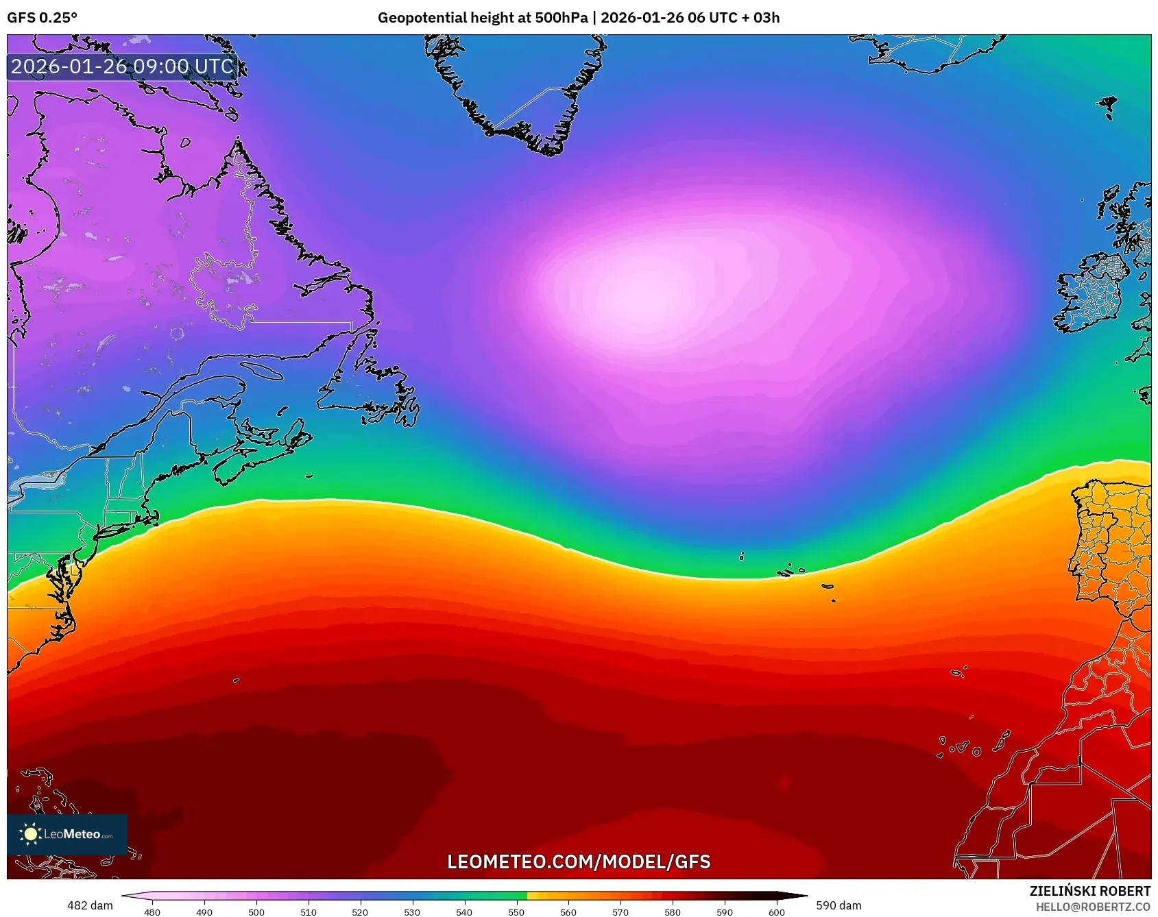 GFS model - Kuzey Atlantik, 500 hPa’da jeopotansiyel yükseklik