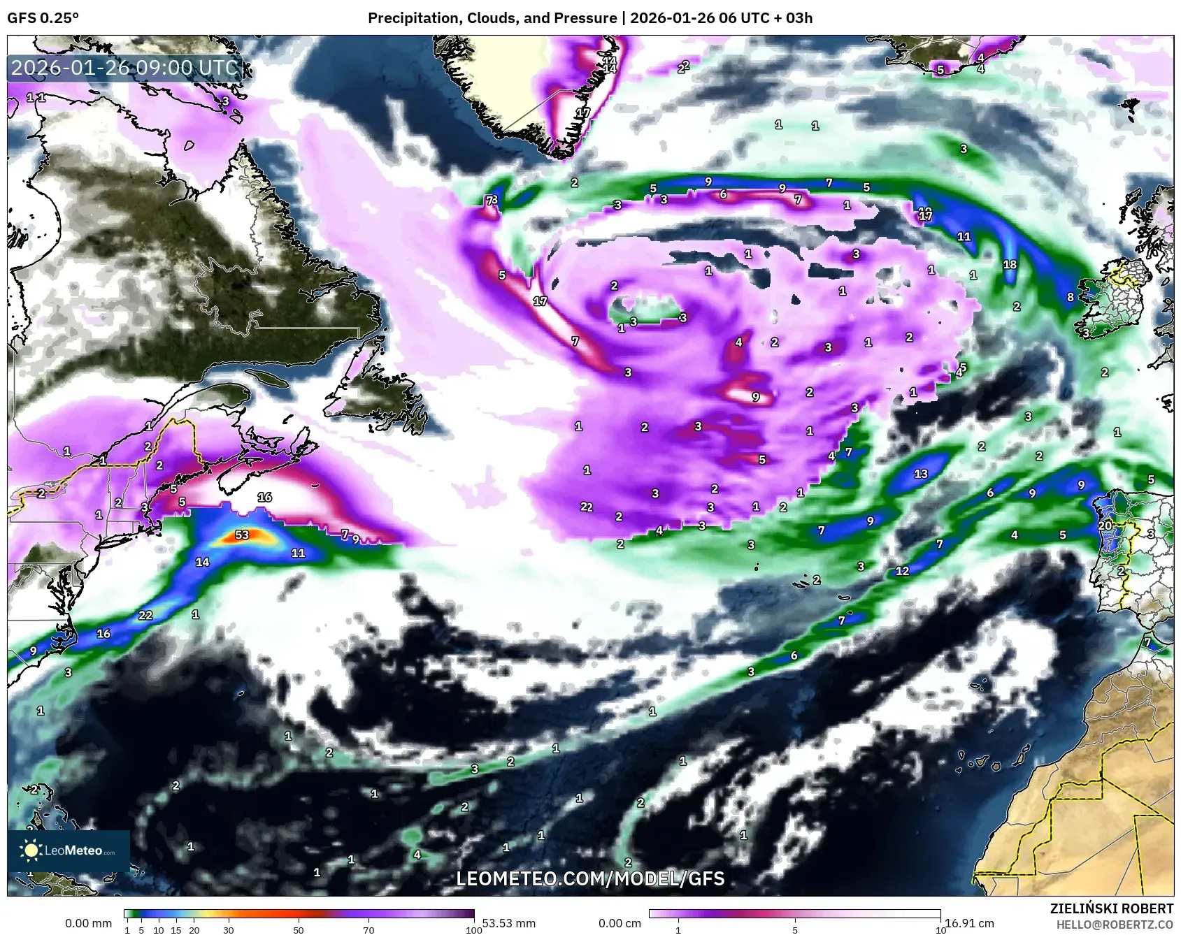 GFS model - Kuzey Atlantik, Yağış, Bulut ve Basınç
