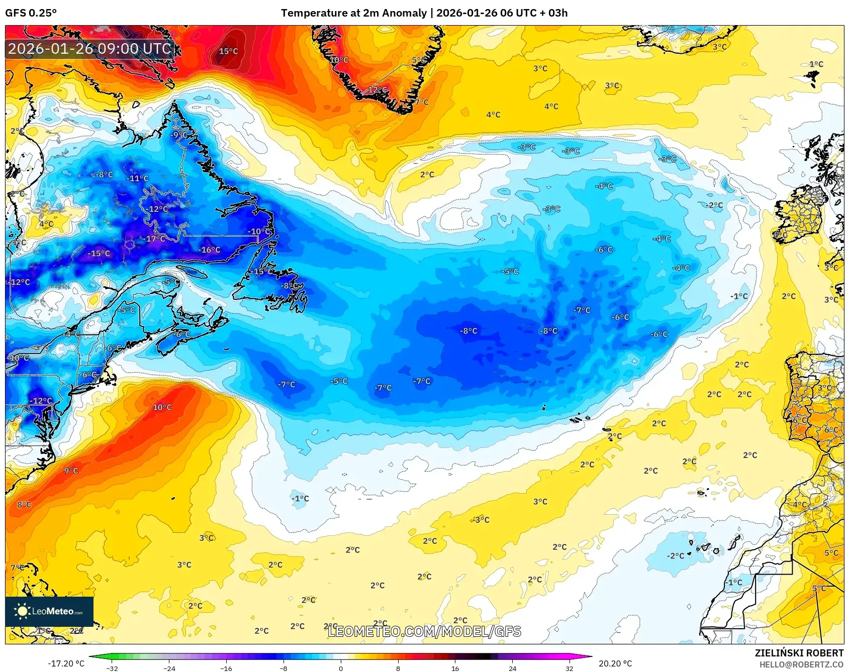 GFS model - Kuzey Atlantik, 2 m Sıcaklık Anomalisi