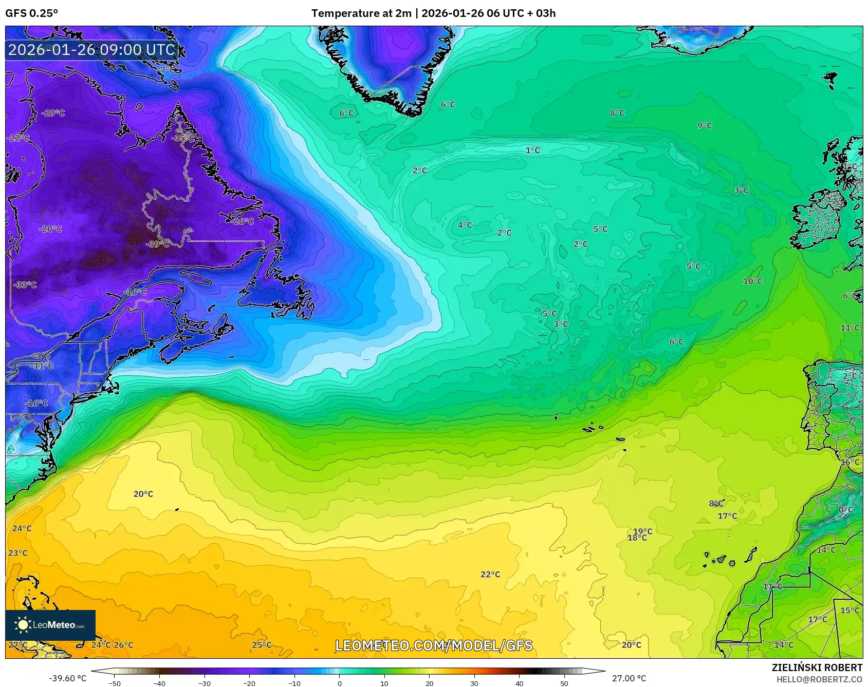 GFS model - Kuzey Atlantik, 2 m Sıcaklık
