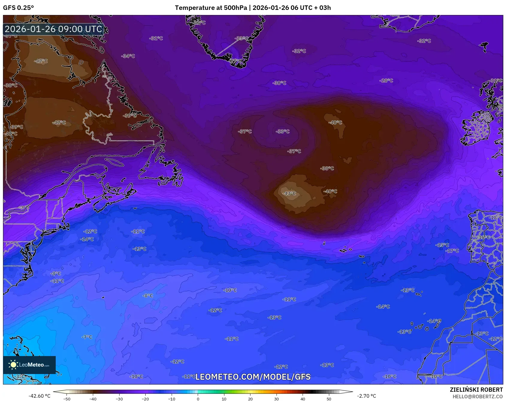 GFS model - Kuzey Atlantik, 500 hPa Sıcaklık