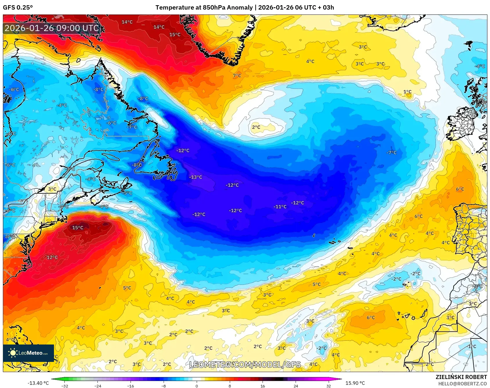 GFS model - Kuzey Atlantik, 850 hPa Sıcaklık Anomalisi