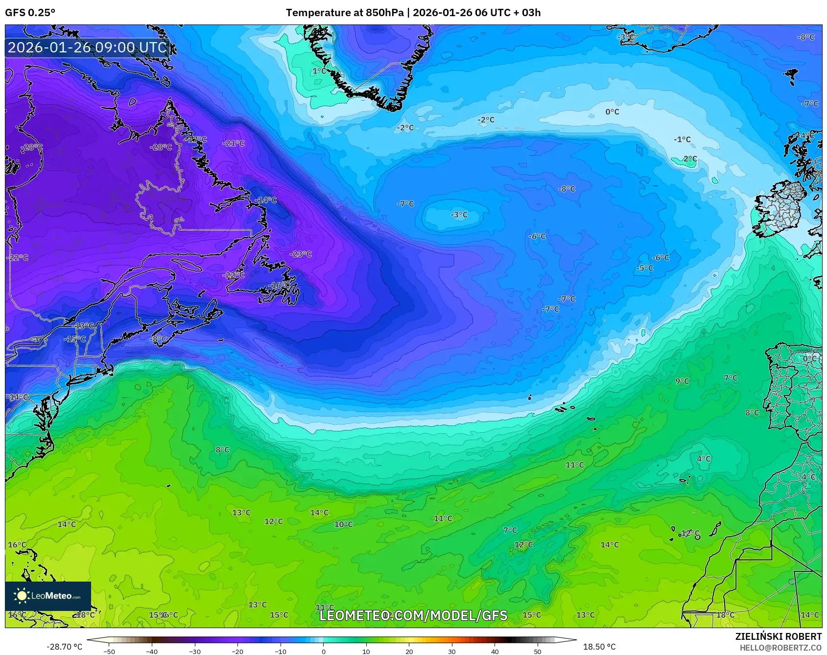 GFS model - Kuzey Atlantik, 850 hPa Sıcaklık