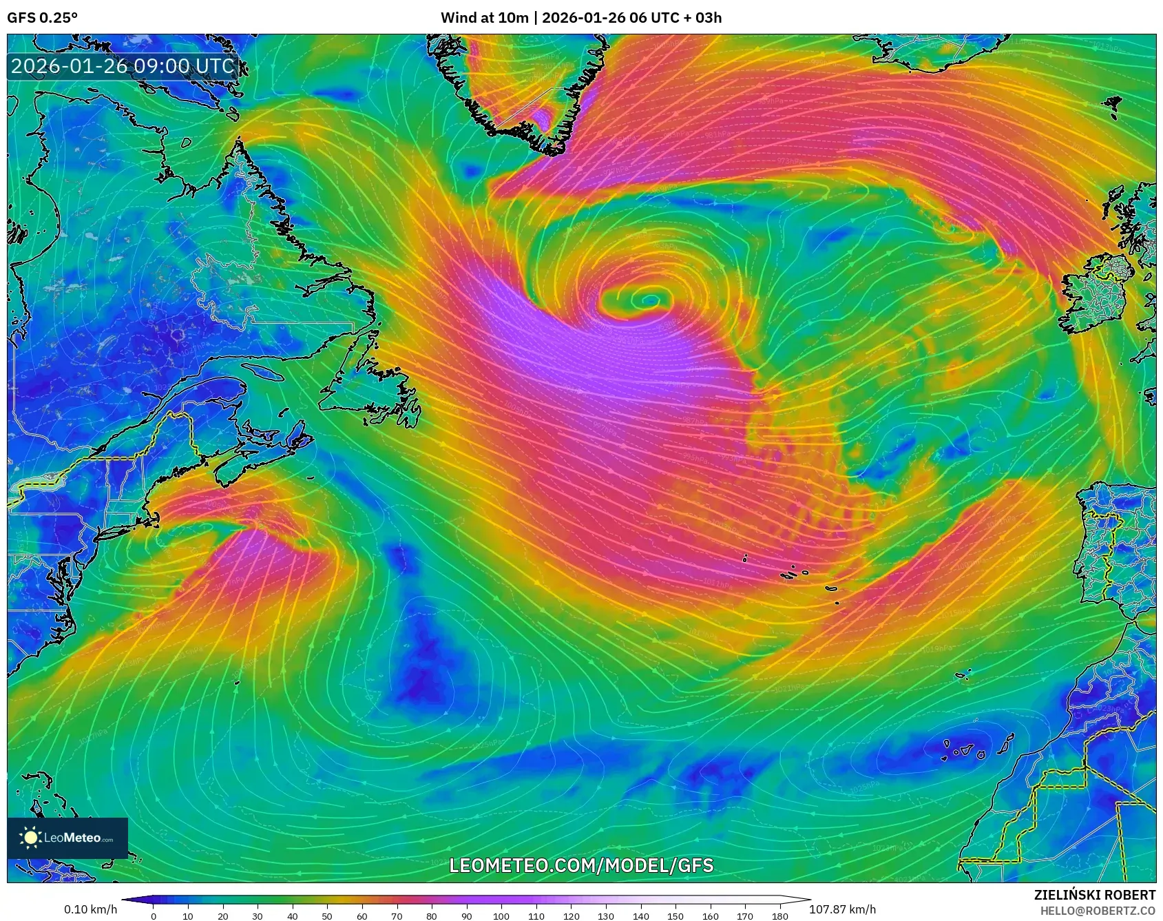 GFS model - Kuzey Atlantik, 10 m Rüzgâr