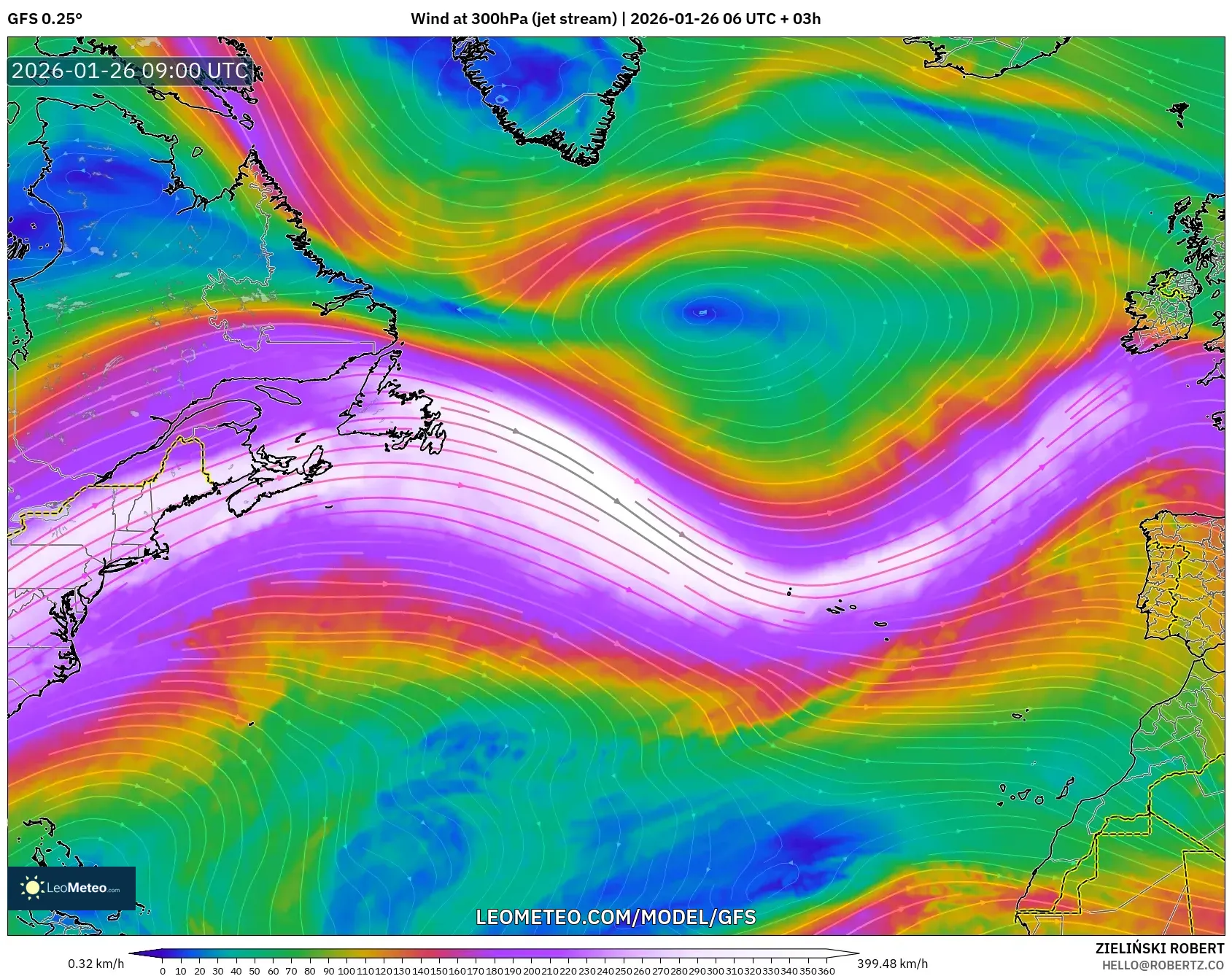GFS model - Kuzey Atlantik, 300 hPa Rüzgârı (jet)