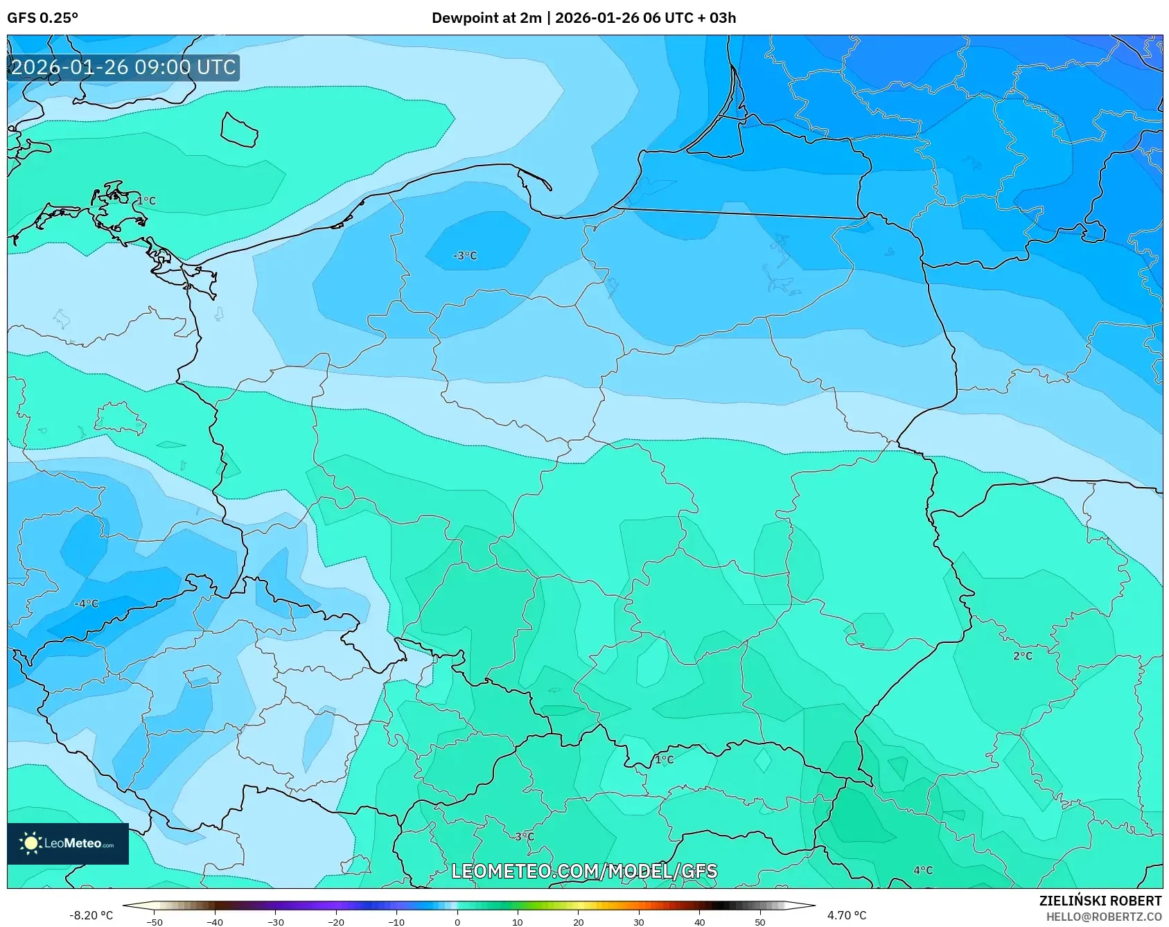 GFS model - Polonya, 2 m Çiy Noktası