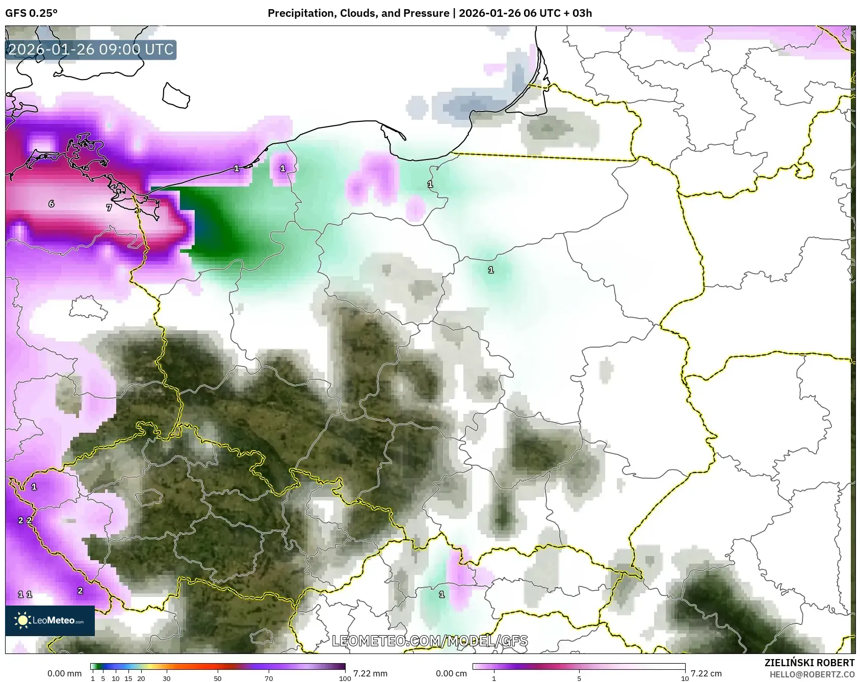 GFS model - Polonya, Yağış, Bulut ve Basınç
