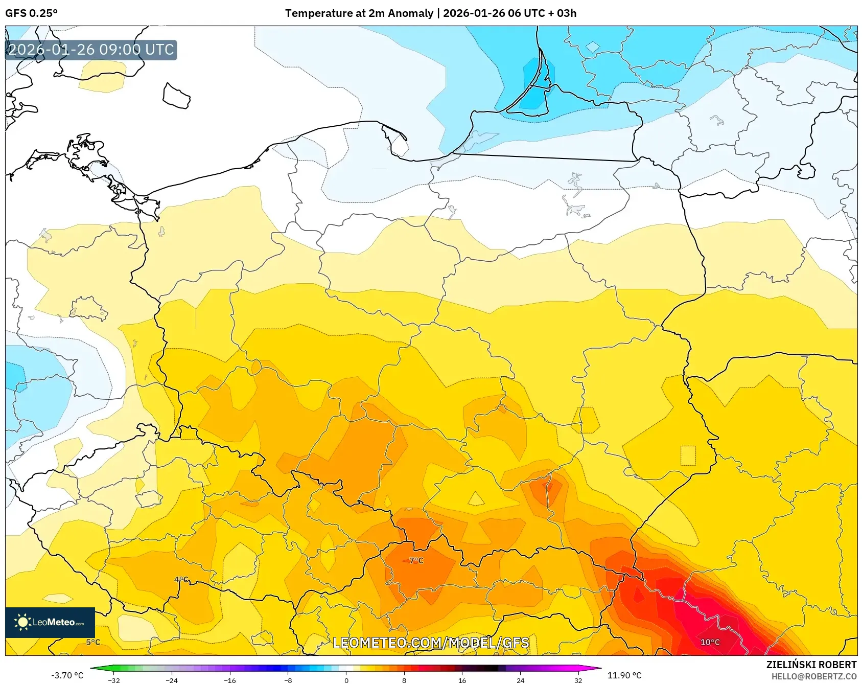 GFS model - Polonya, 2 m Sıcaklık Anomalisi