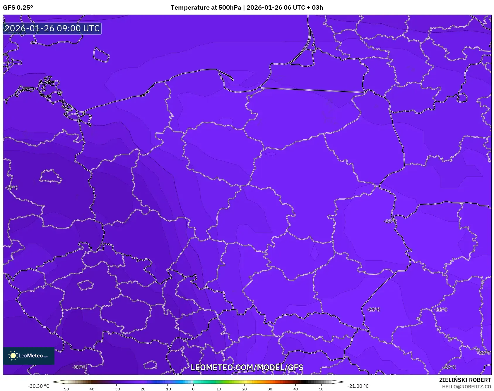 GFS model - Polonya, 500 hPa Sıcaklık