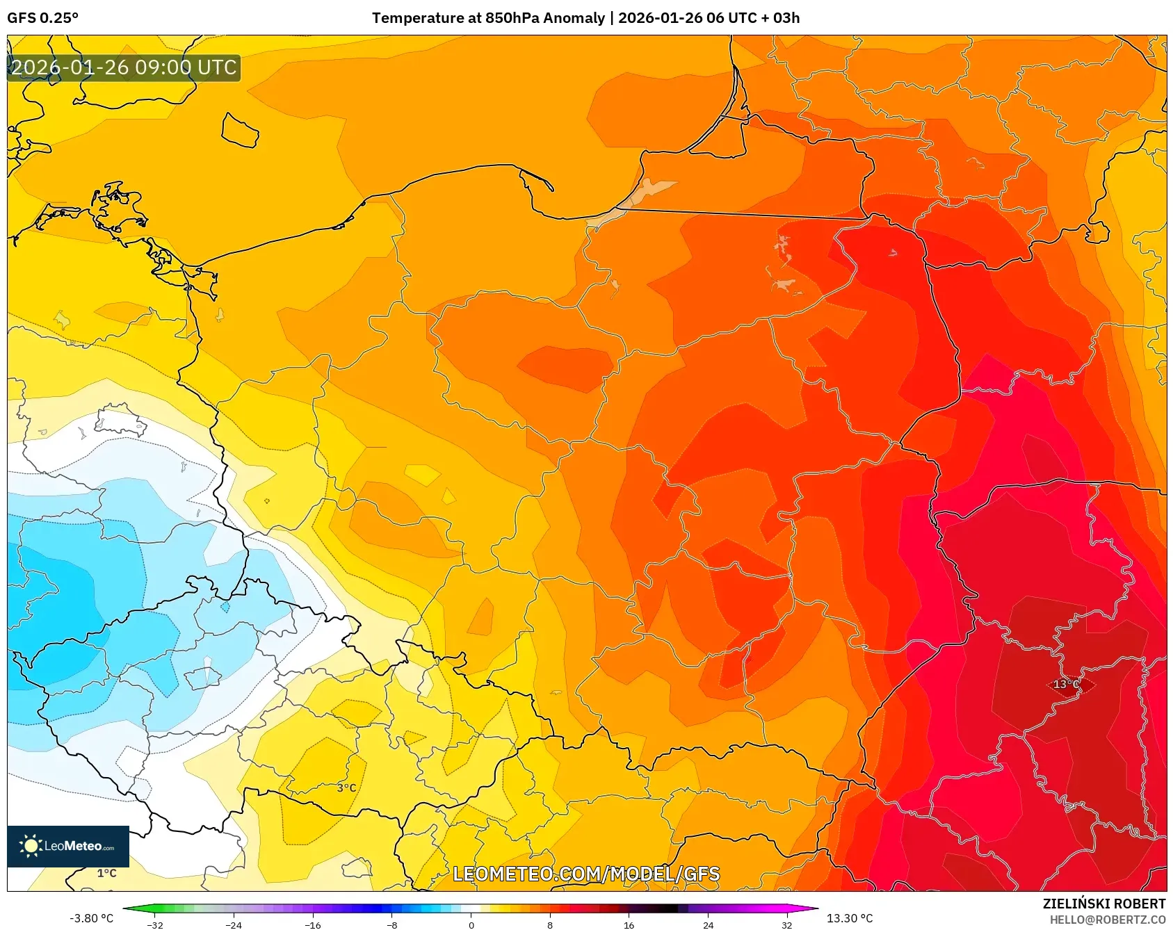 GFS model - Polonya, 850 hPa Sıcaklık Anomalisi