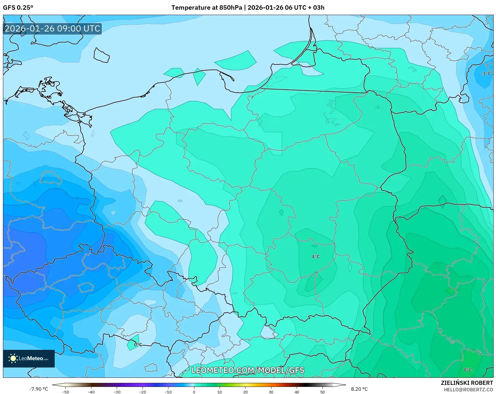 GFS model - Polonya, 850 hPa Sıcaklık
