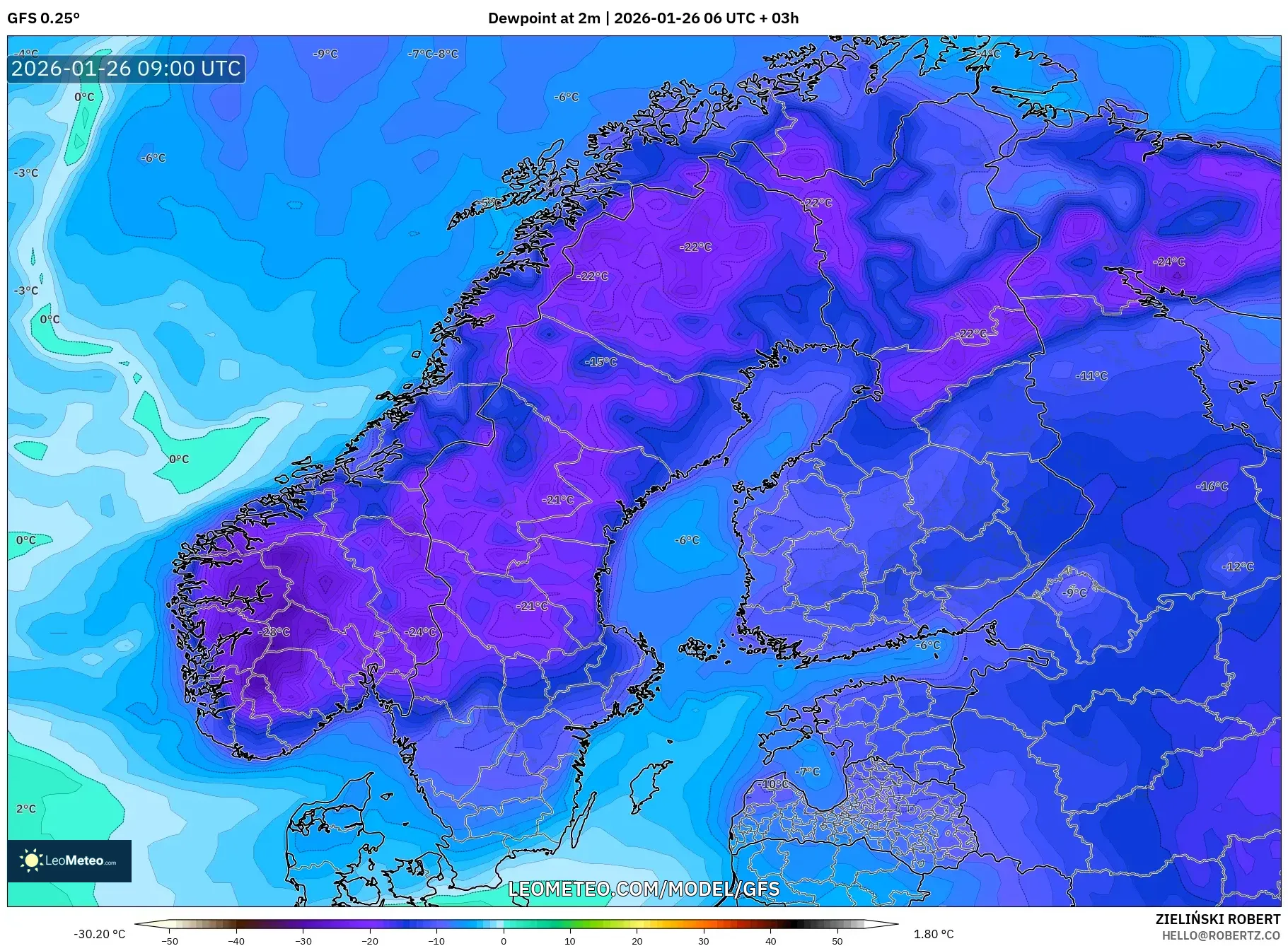 GFS model - İskandinavya, 2 m Çiy Noktası