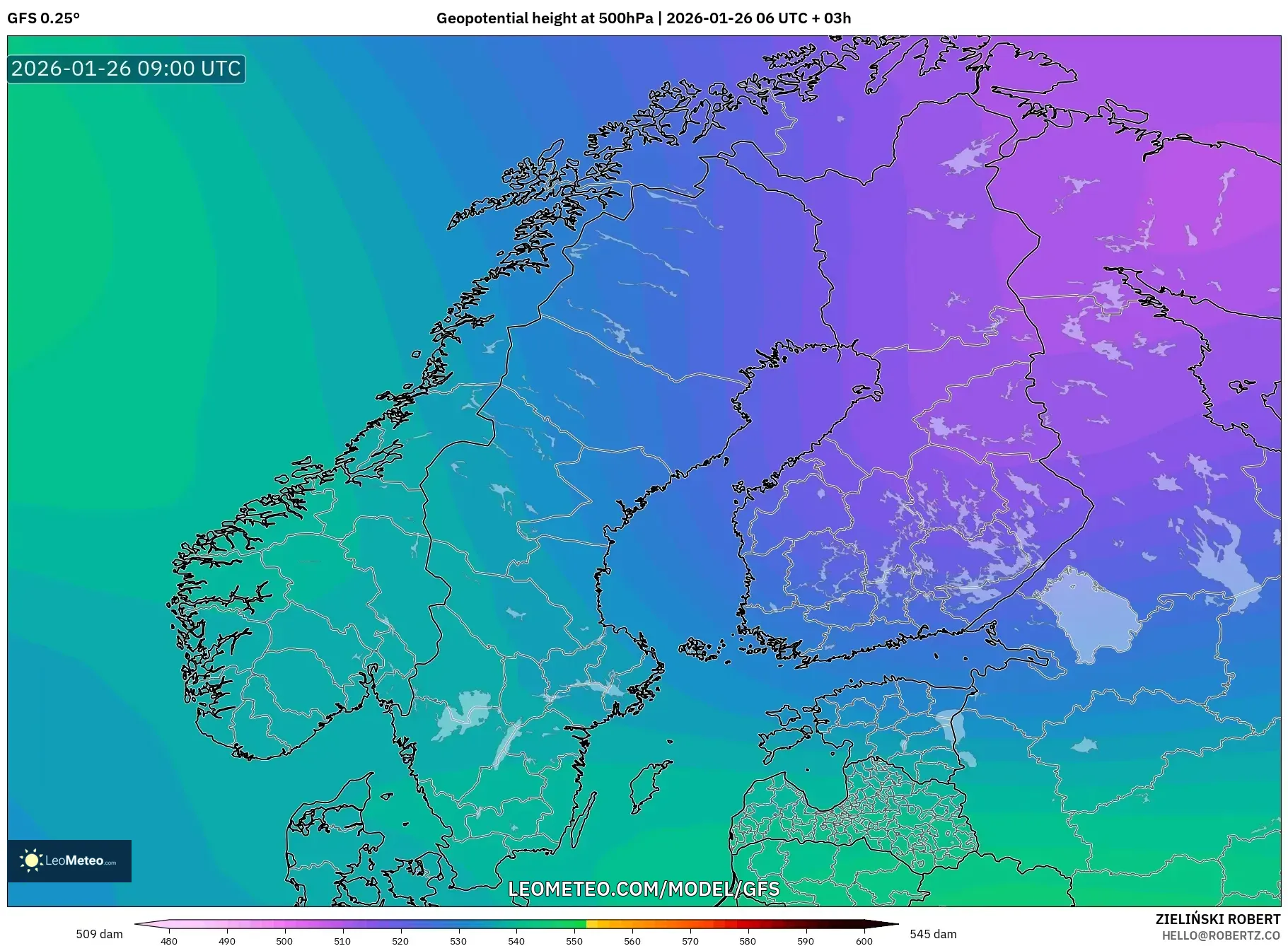 GFS model - İskandinavya, 500 hPa’da jeopotansiyel yükseklik