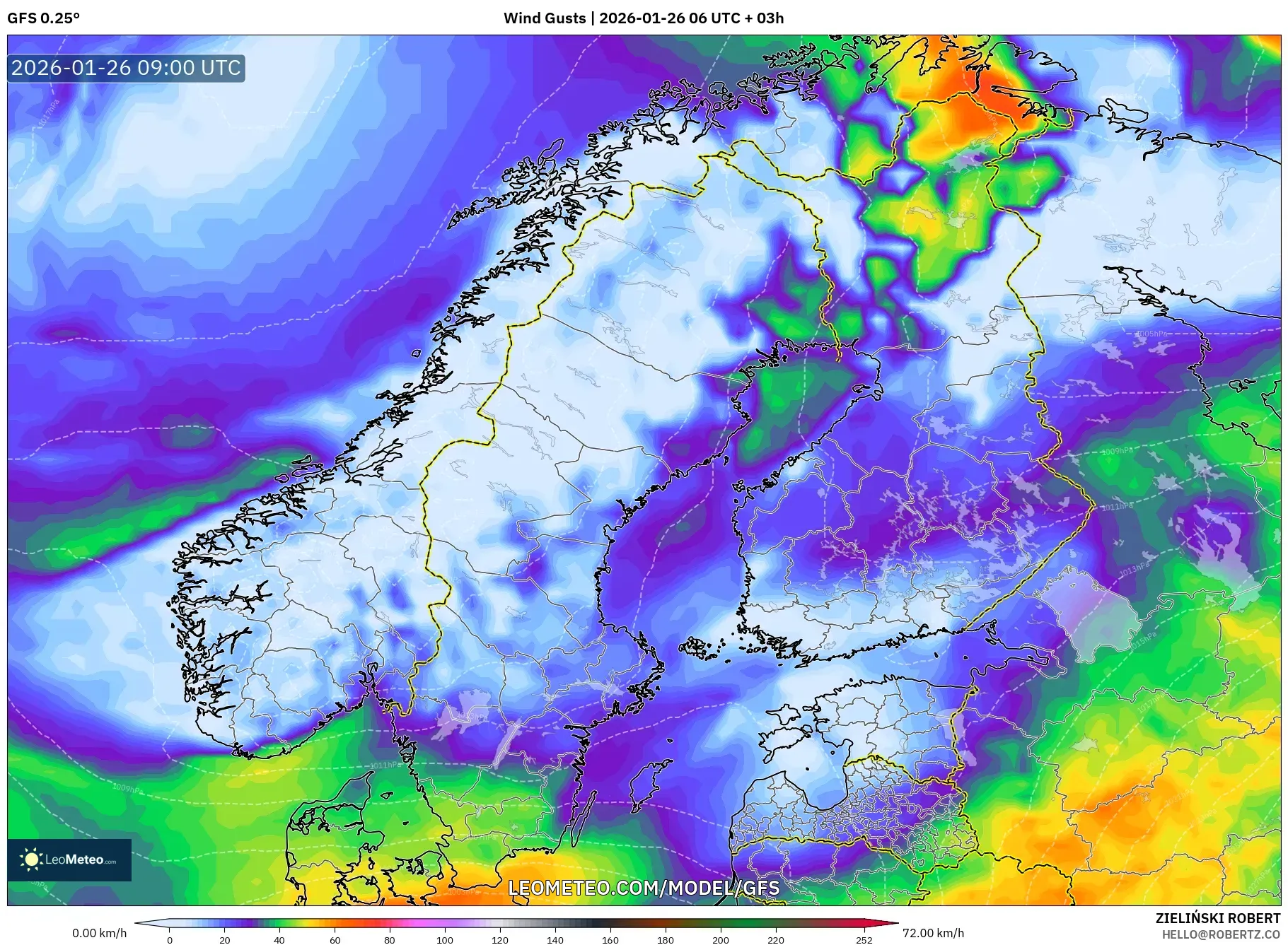 GFS model - İskandinavya, Rüzgâr Esintileri