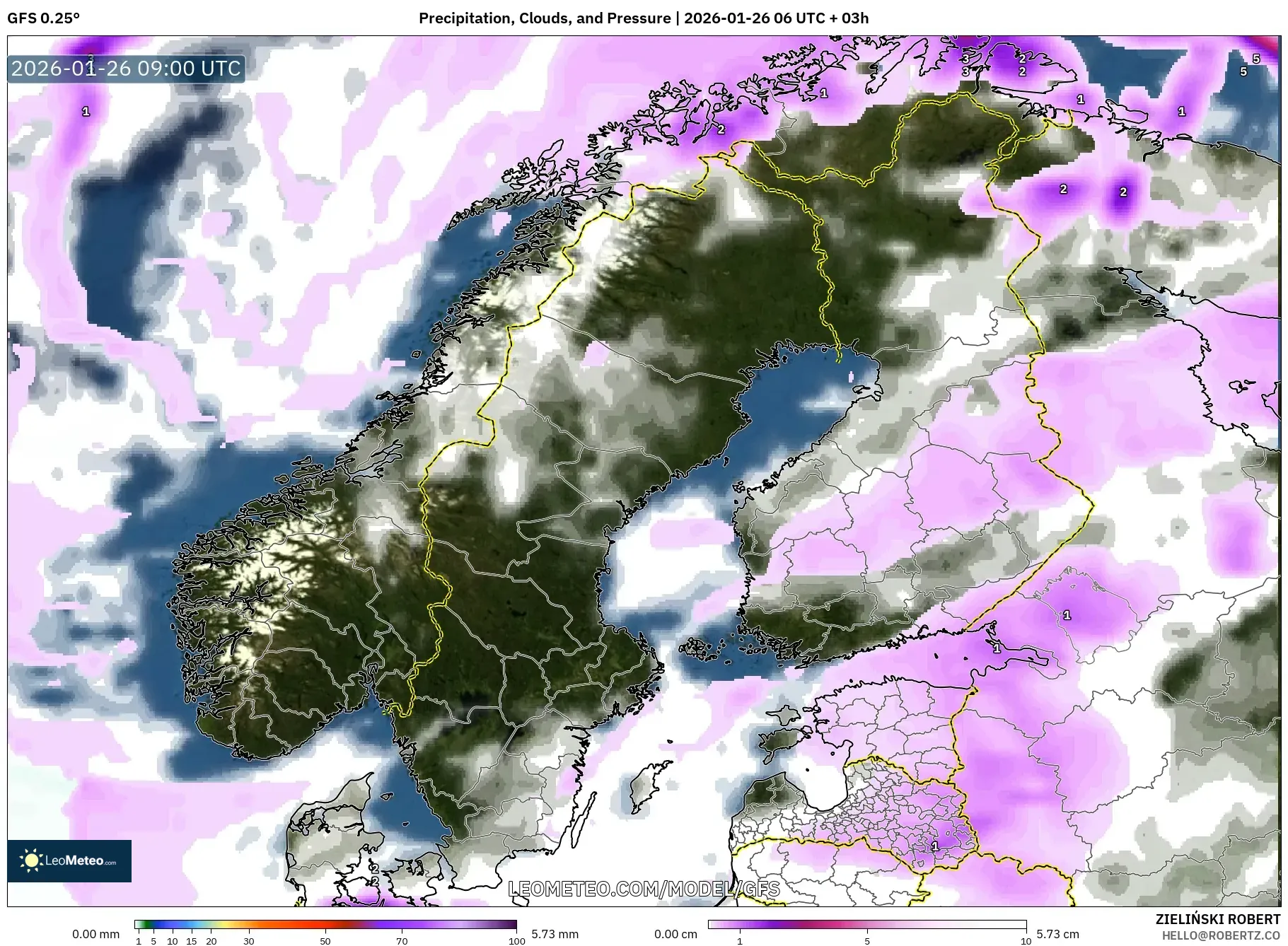 GFS model - İskandinavya, Yağış, Bulut ve Basınç