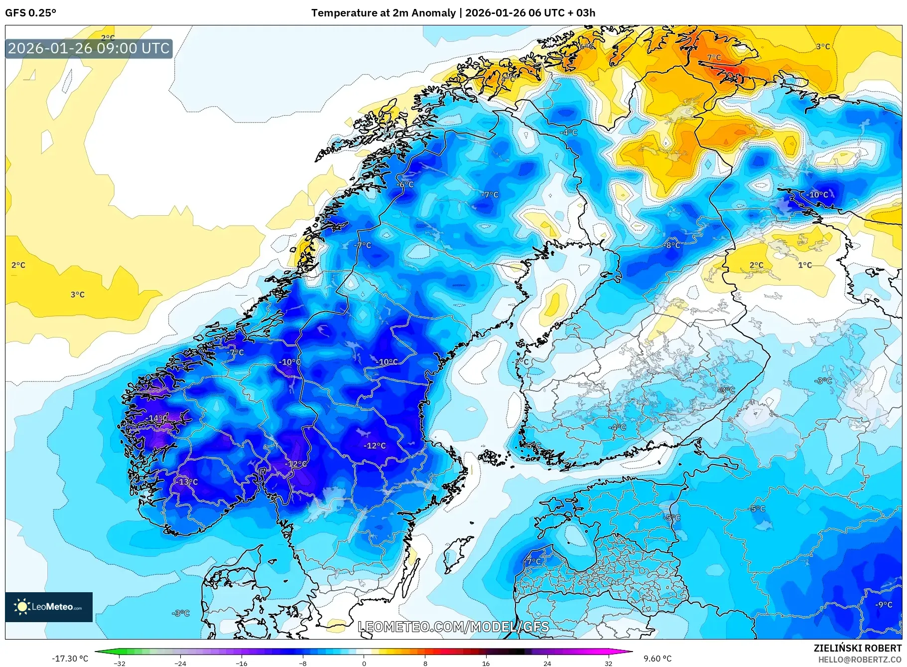GFS model - İskandinavya, 2 m Sıcaklık Anomalisi