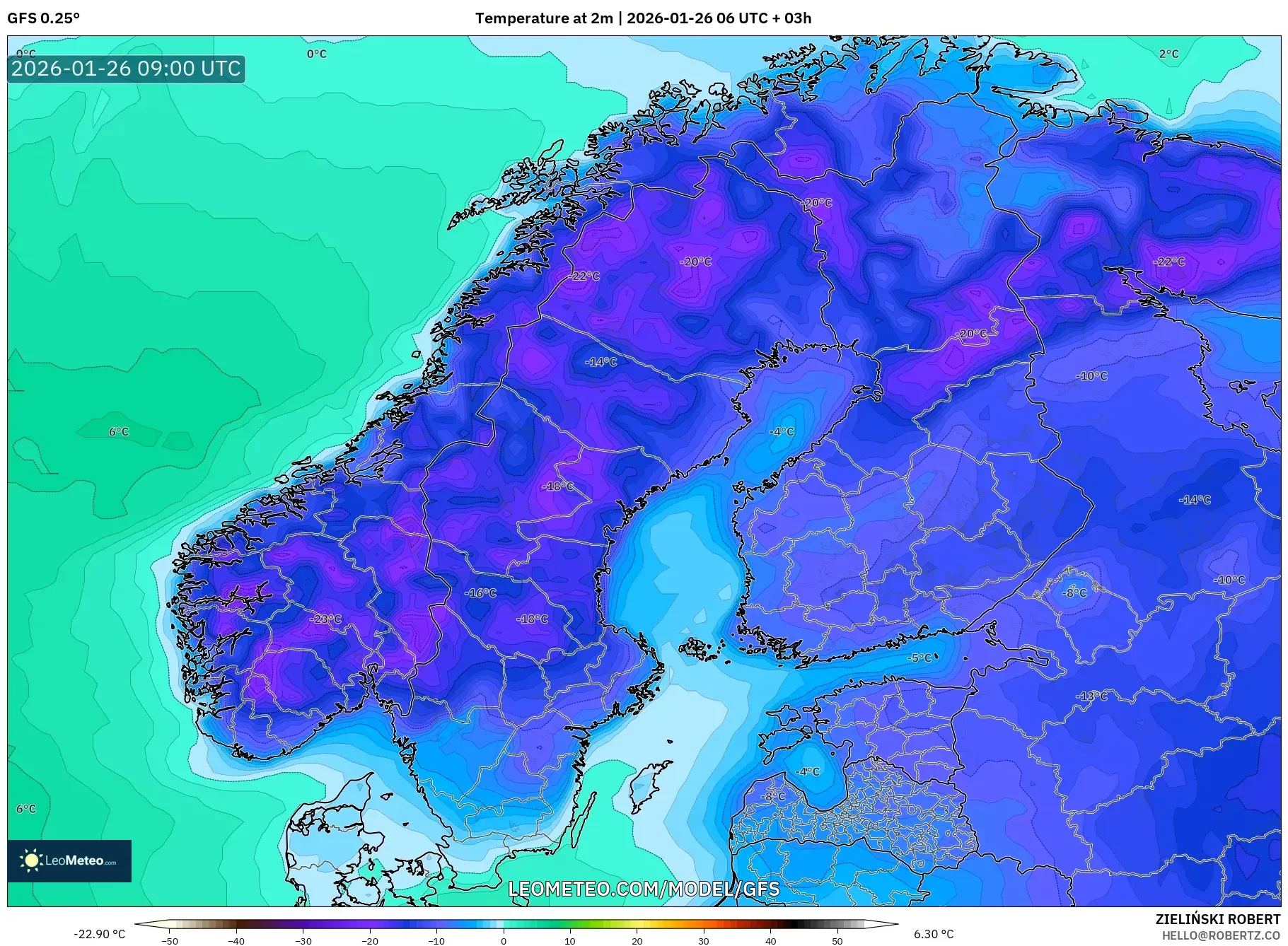 GFS model - İskandinavya, 2 m Sıcaklık