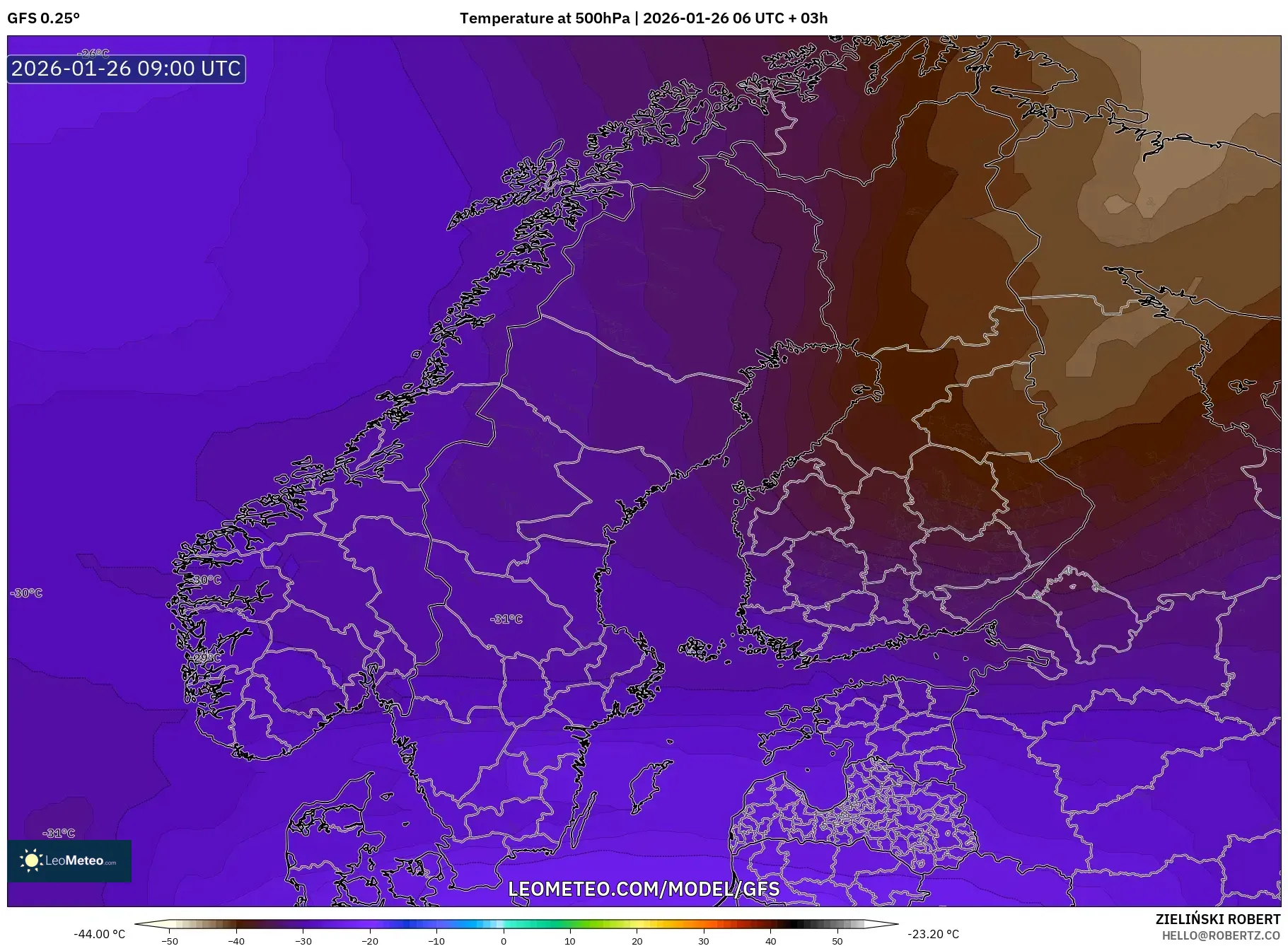 GFS model - İskandinavya, 500 hPa Sıcaklık