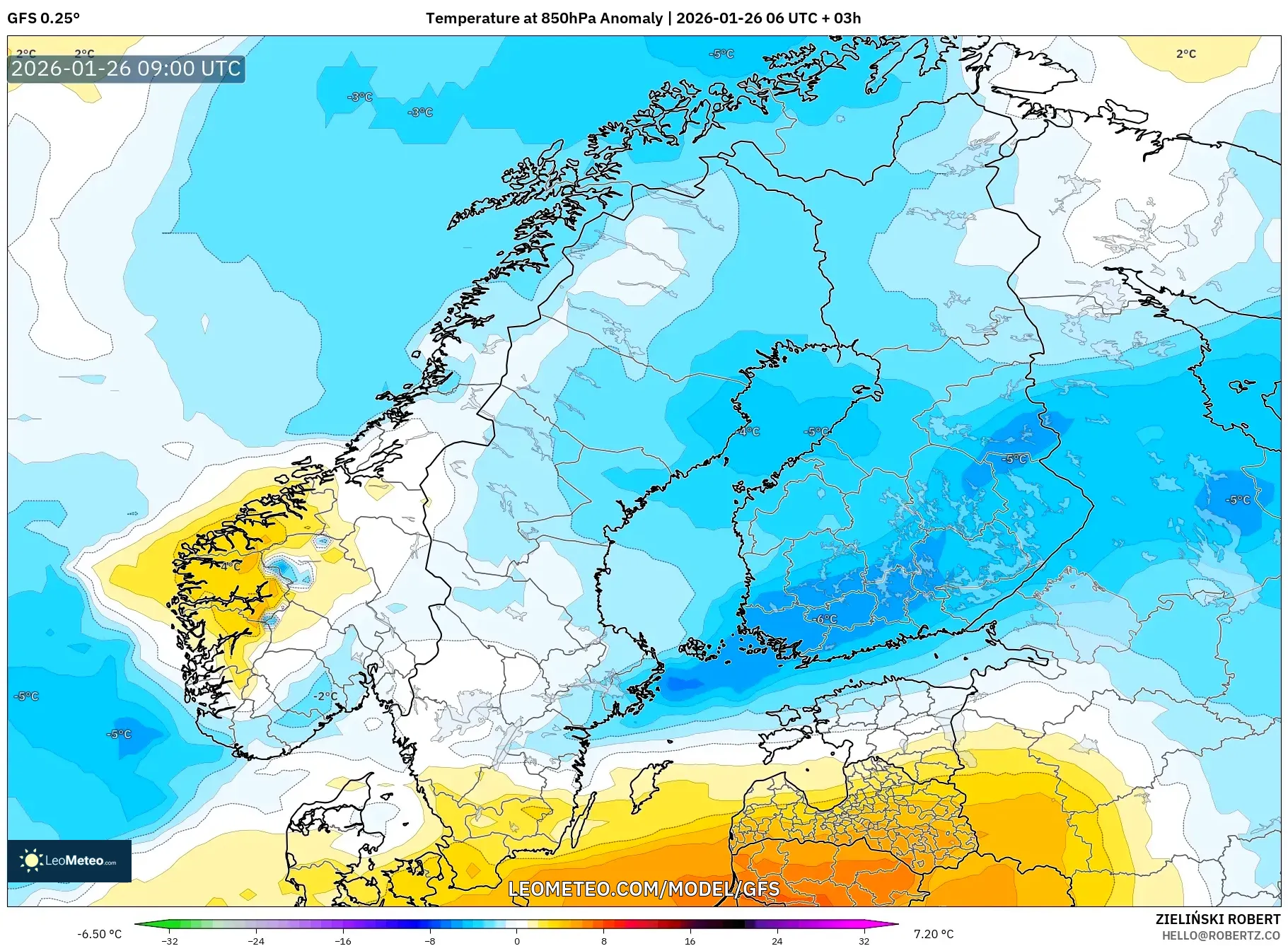 GFS model - İskandinavya, 850 hPa Sıcaklık Anomalisi