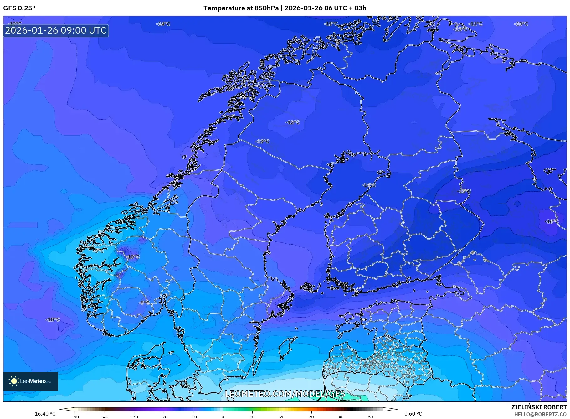 GFS model - İskandinavya, 850 hPa Sıcaklık