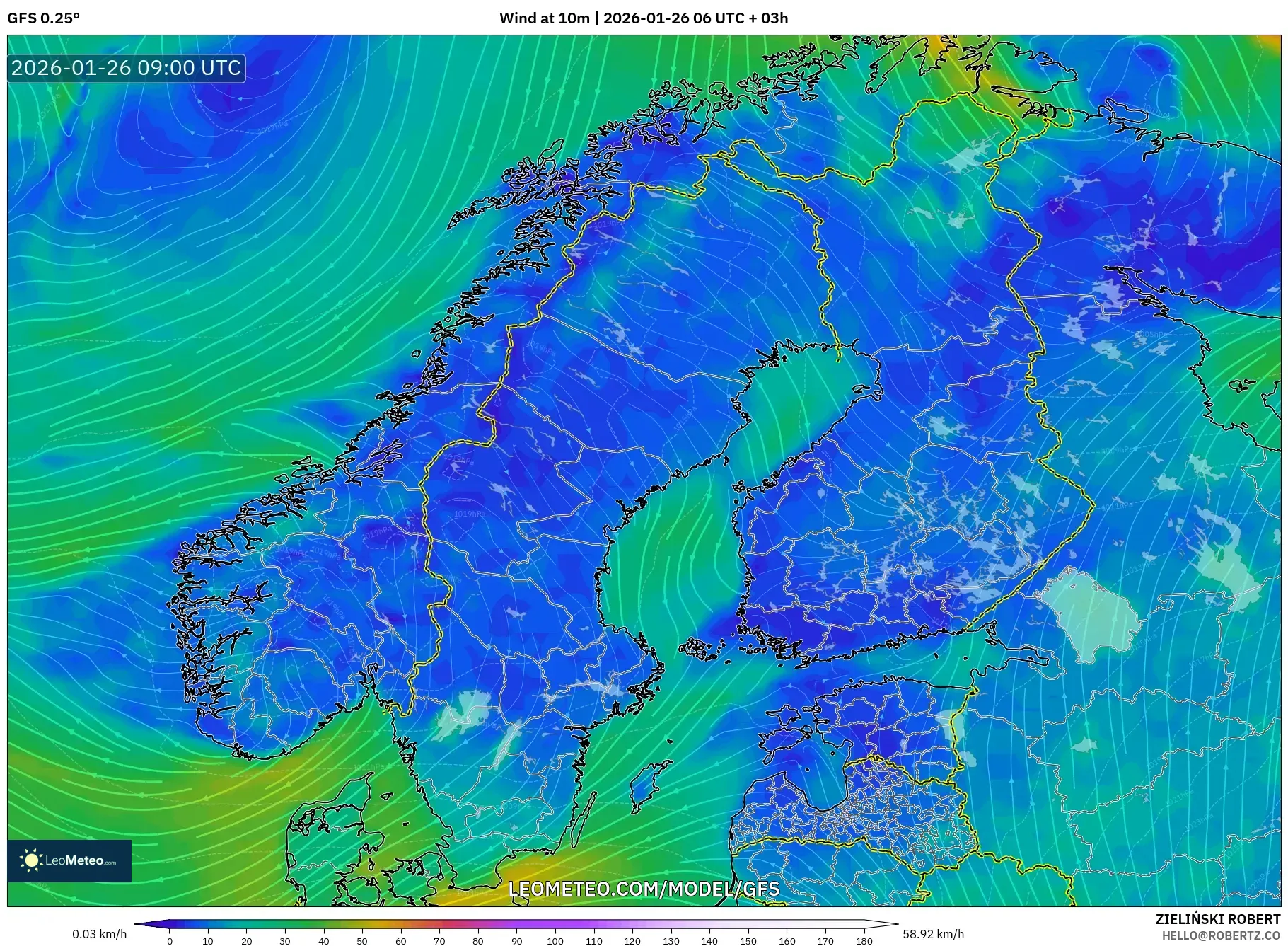 GFS model - İskandinavya, 10 m Rüzgâr
