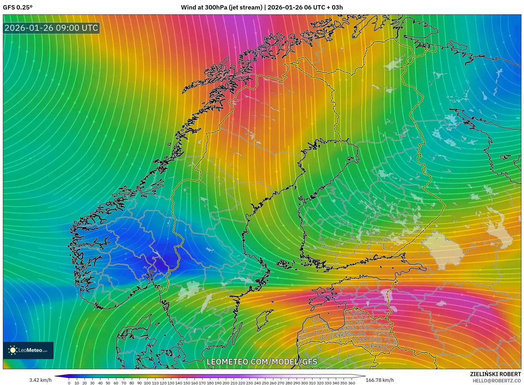GFS model - İskandinavya, 300 hPa Rüzgârı (jet)