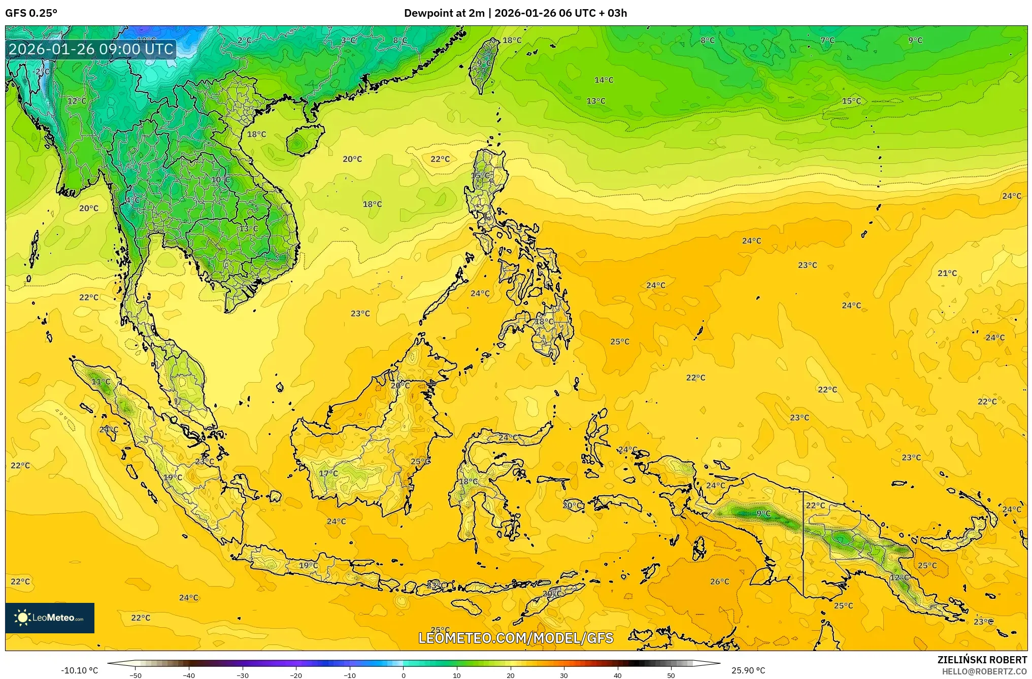 GFS model - Güneydoğu Asya, 2 m Çiy Noktası