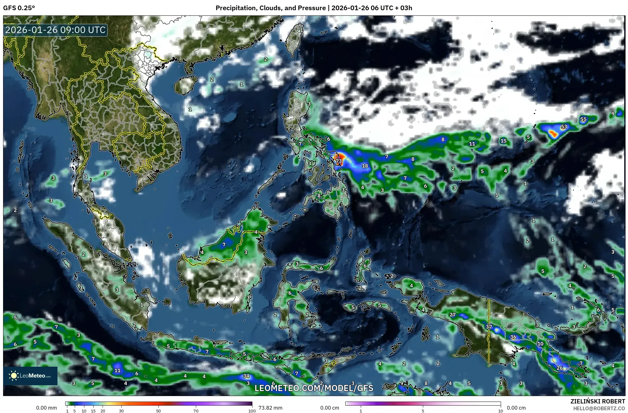 GFS model - Güneydoğu Asya, Yağış, Bulut ve Basınç
