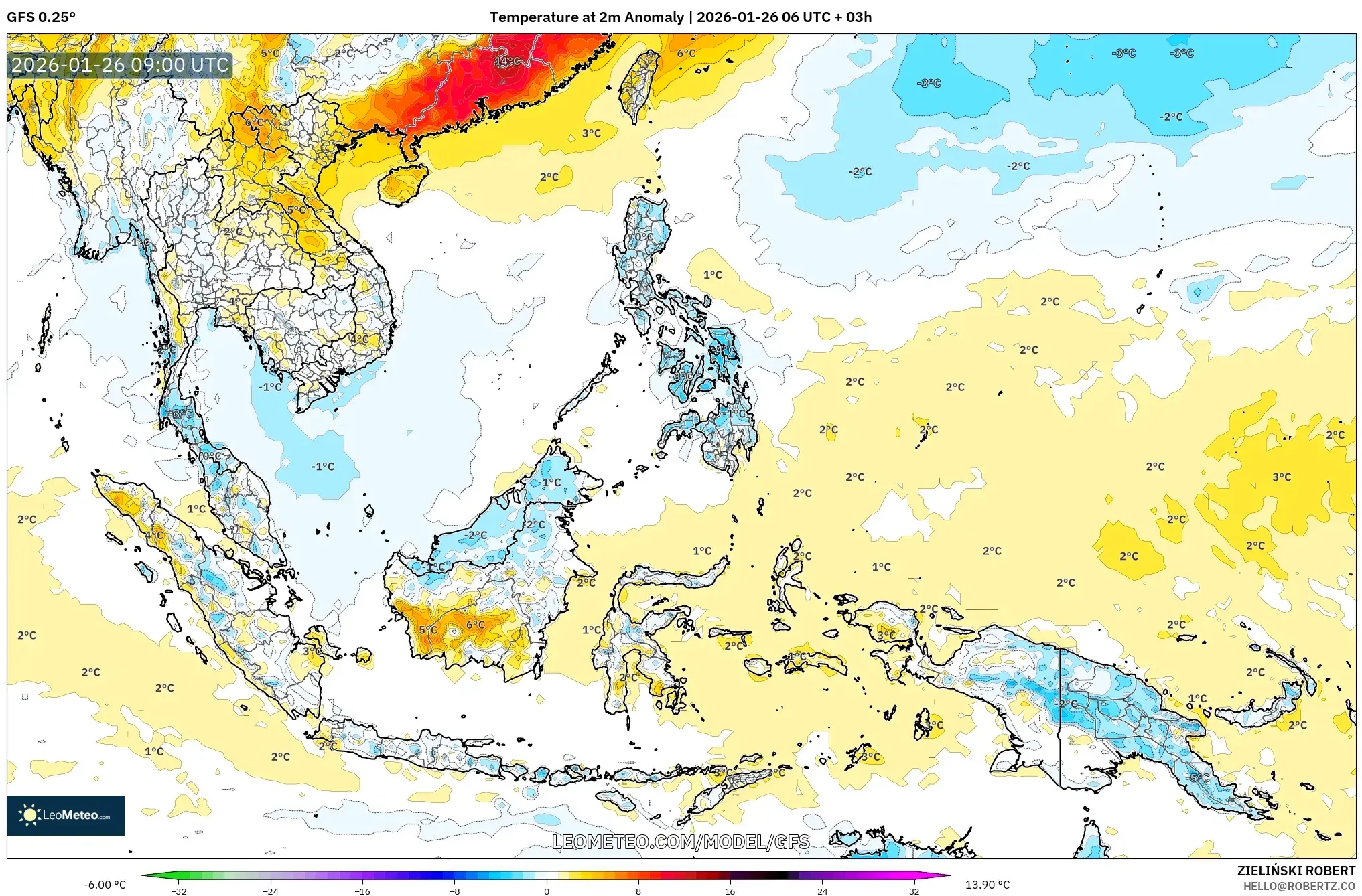 GFS model - Güneydoğu Asya, 2 m Sıcaklık Anomalisi