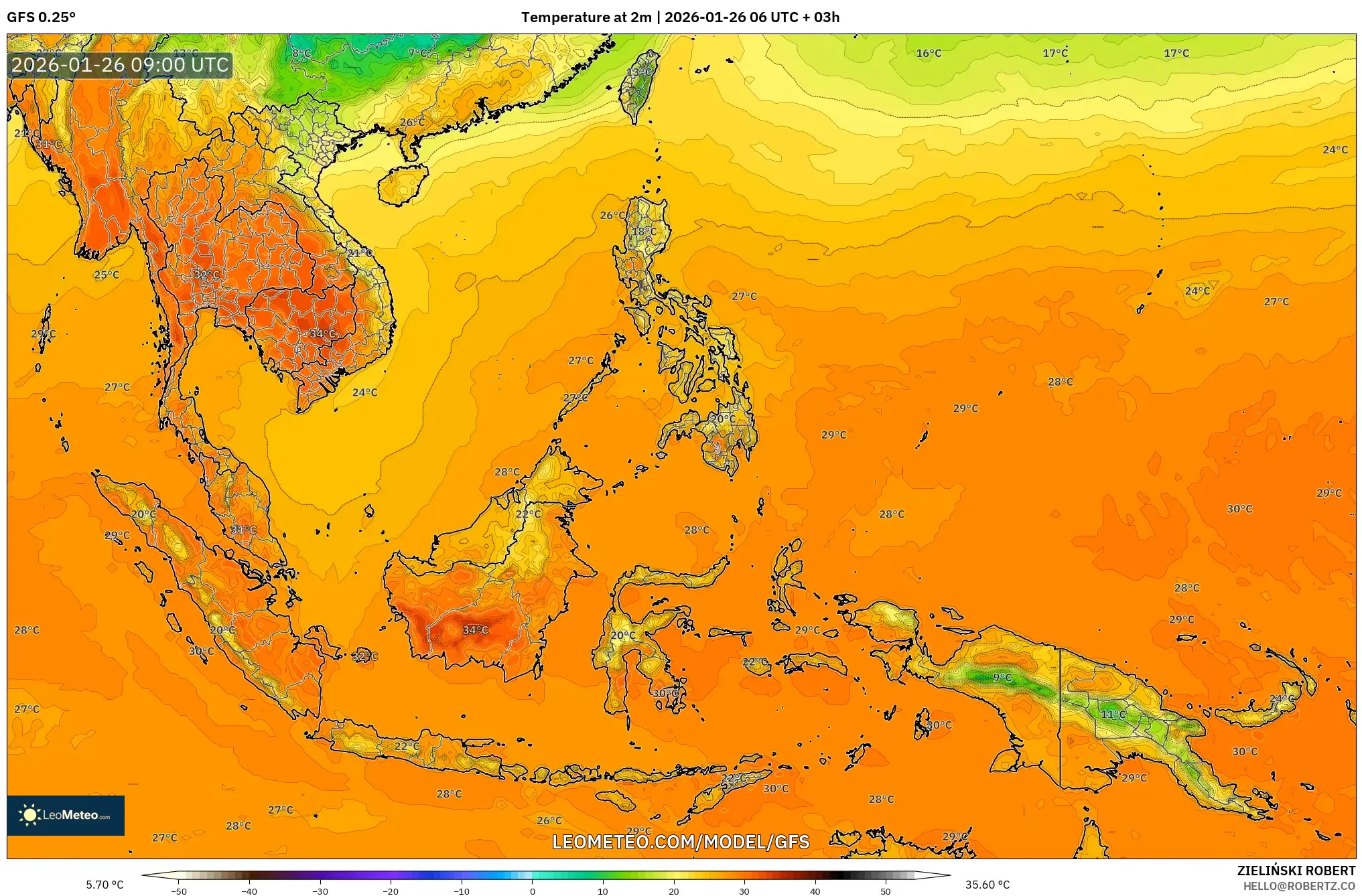 GFS model - Güneydoğu Asya, 2 m Sıcaklık