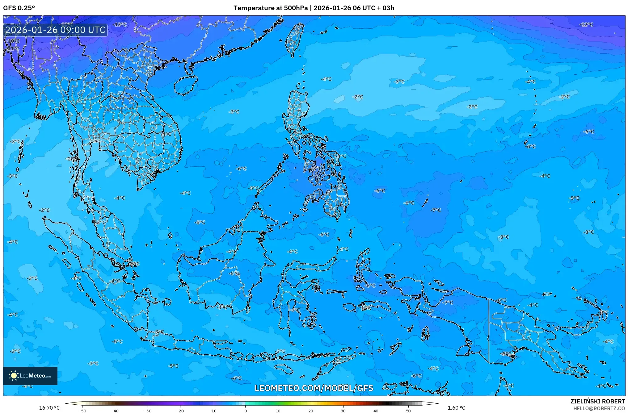 GFS model - Güneydoğu Asya, 500 hPa Sıcaklık