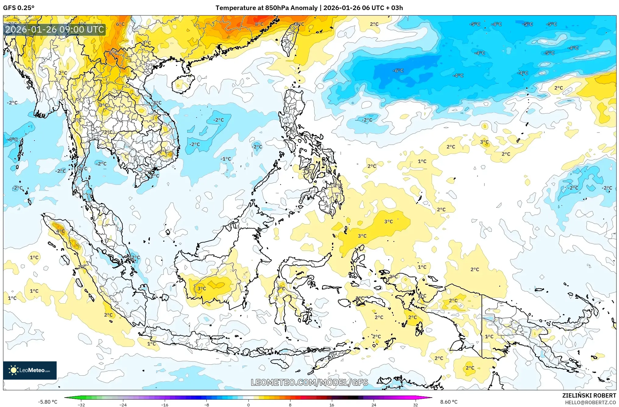 GFS model - Güneydoğu Asya, 850 hPa Sıcaklık Anomalisi