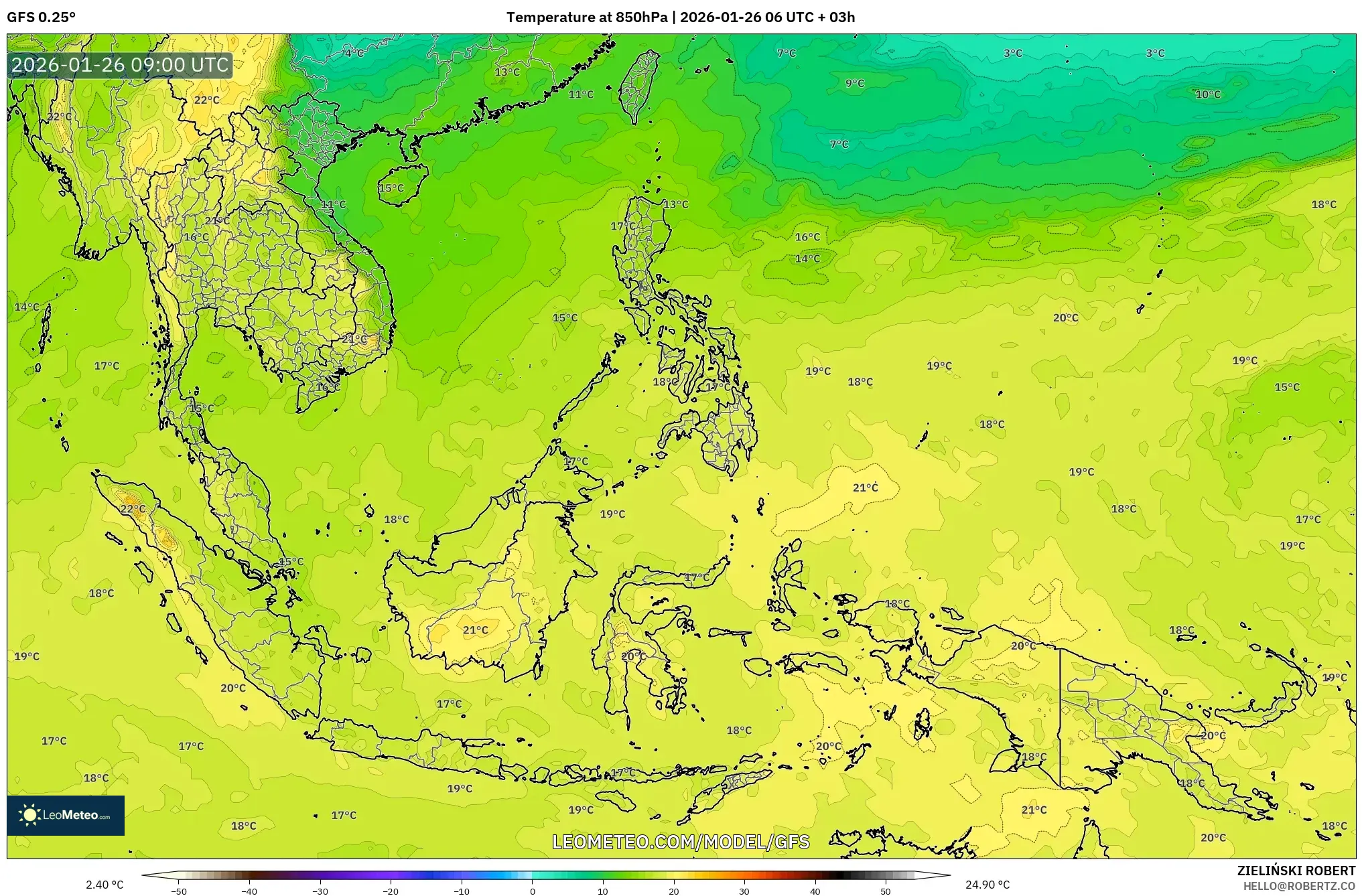 GFS model - Güneydoğu Asya, 850 hPa Sıcaklık