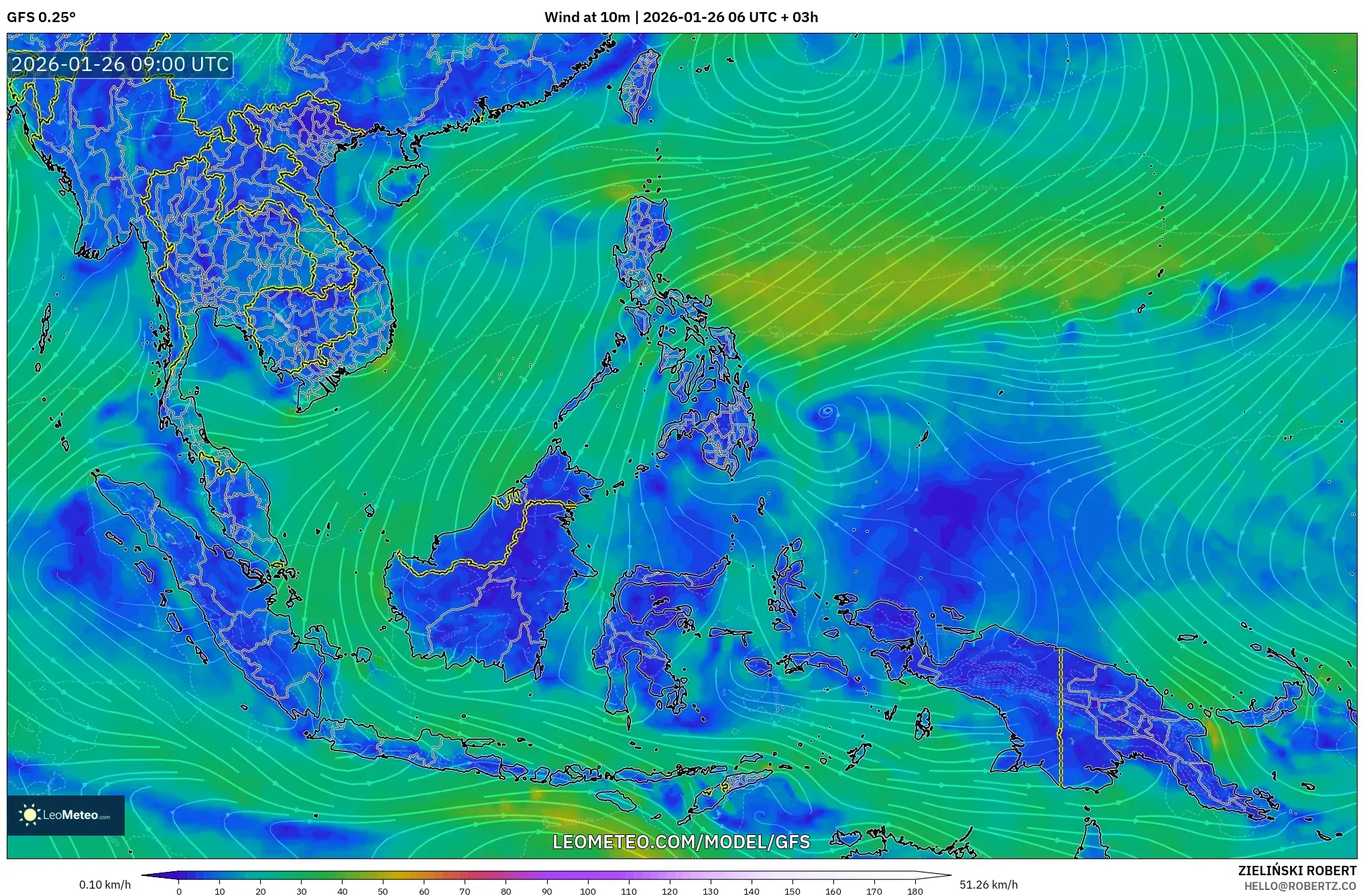 GFS model - Güneydoğu Asya, 10 m Rüzgâr