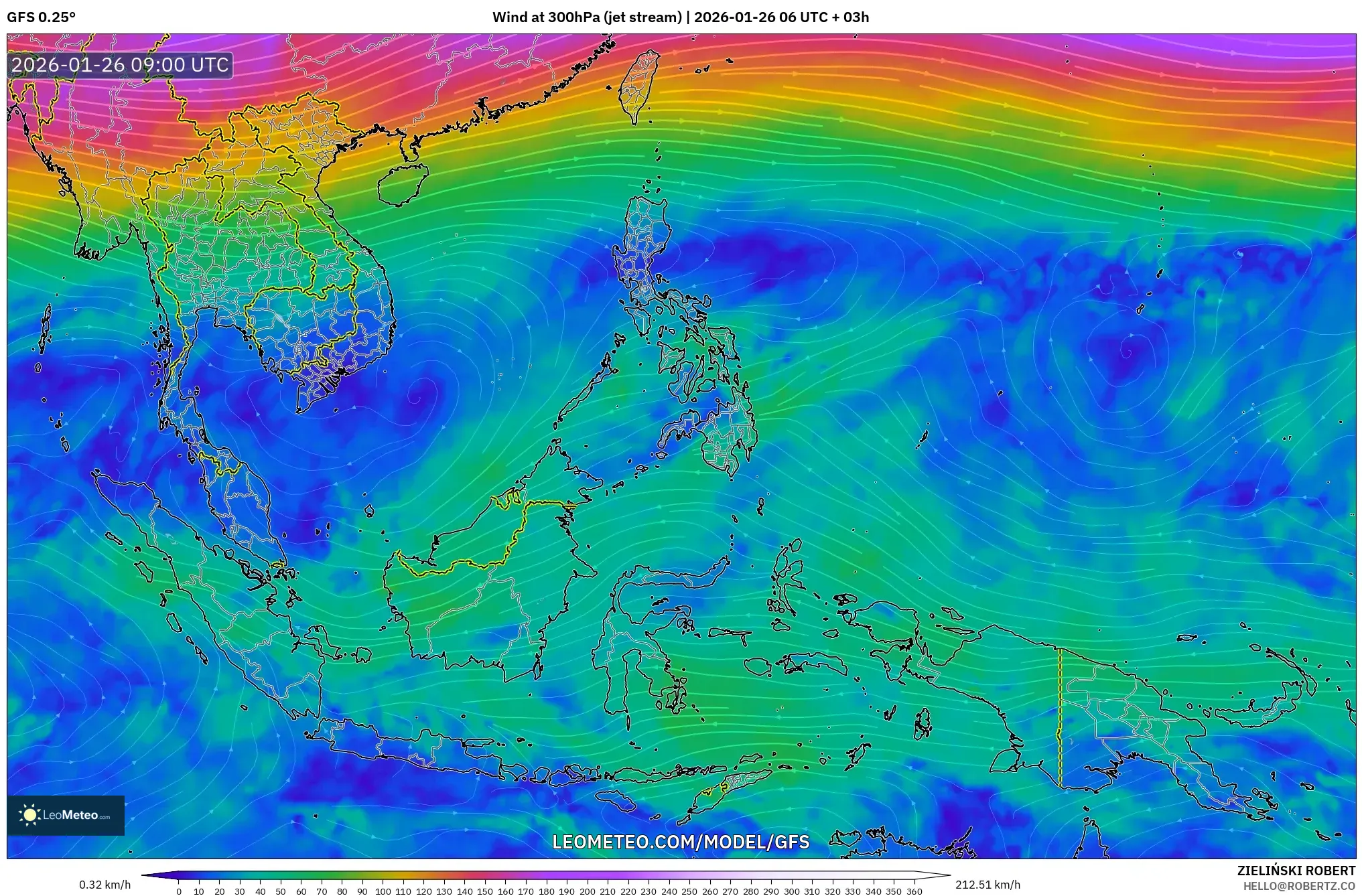GFS model - Güneydoğu Asya, 300 hPa Rüzgârı (jet)