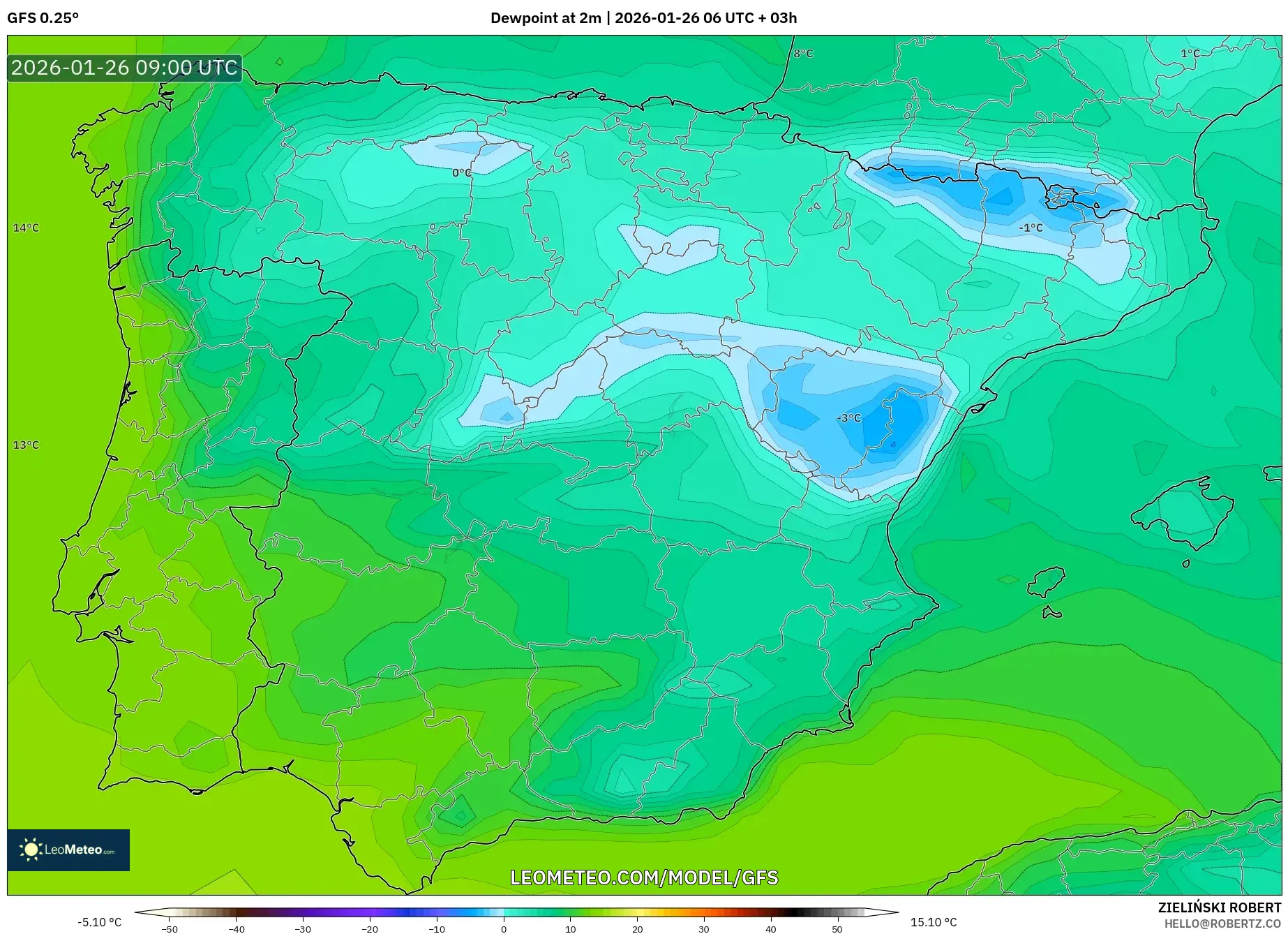 GFS model - İspanya, 2 m Çiy Noktası