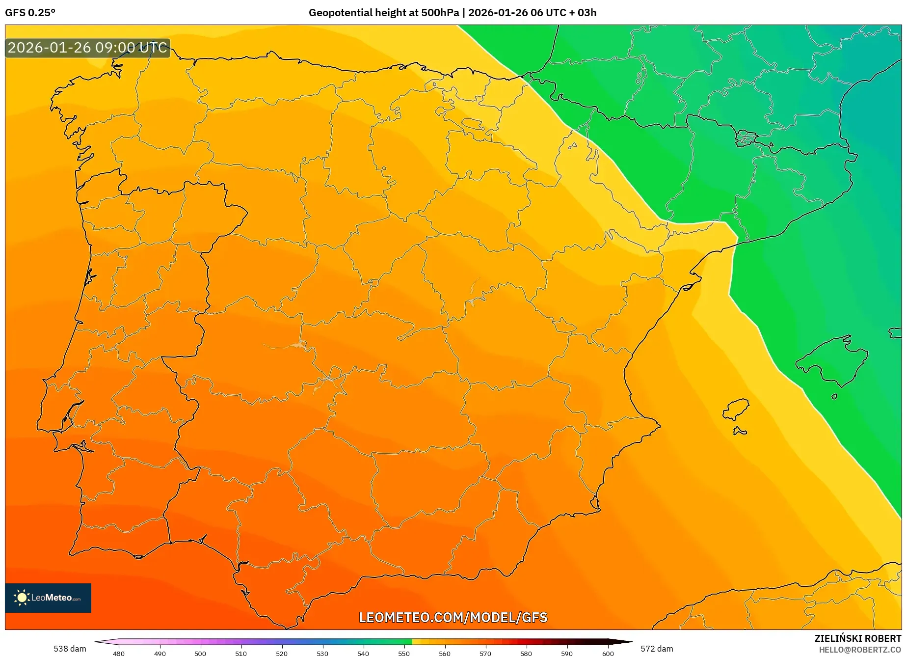GFS model - İspanya, 500 hPa’da jeopotansiyel yükseklik
