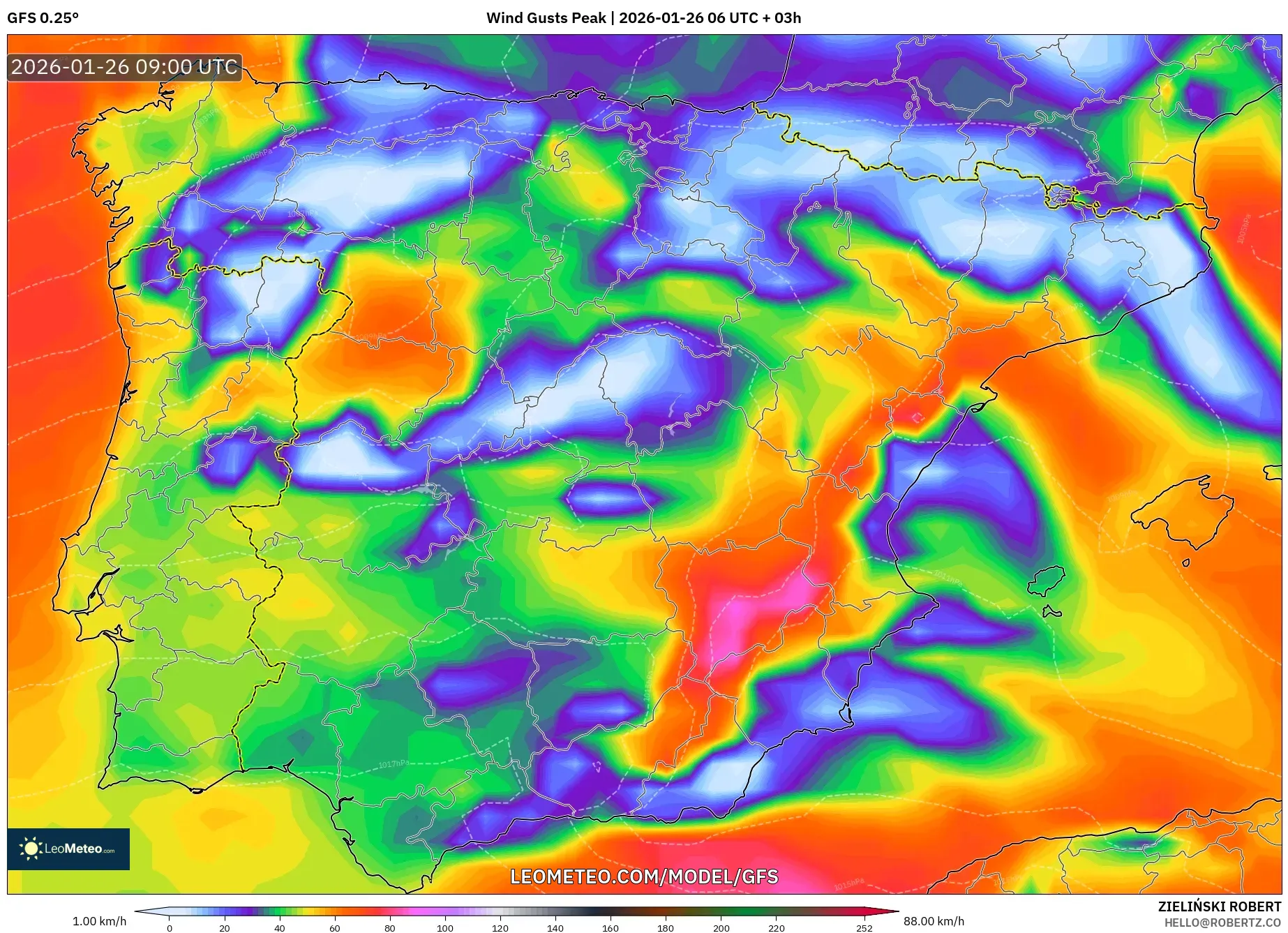 GFS model - İspanya, En Yüksek Rüzgâr