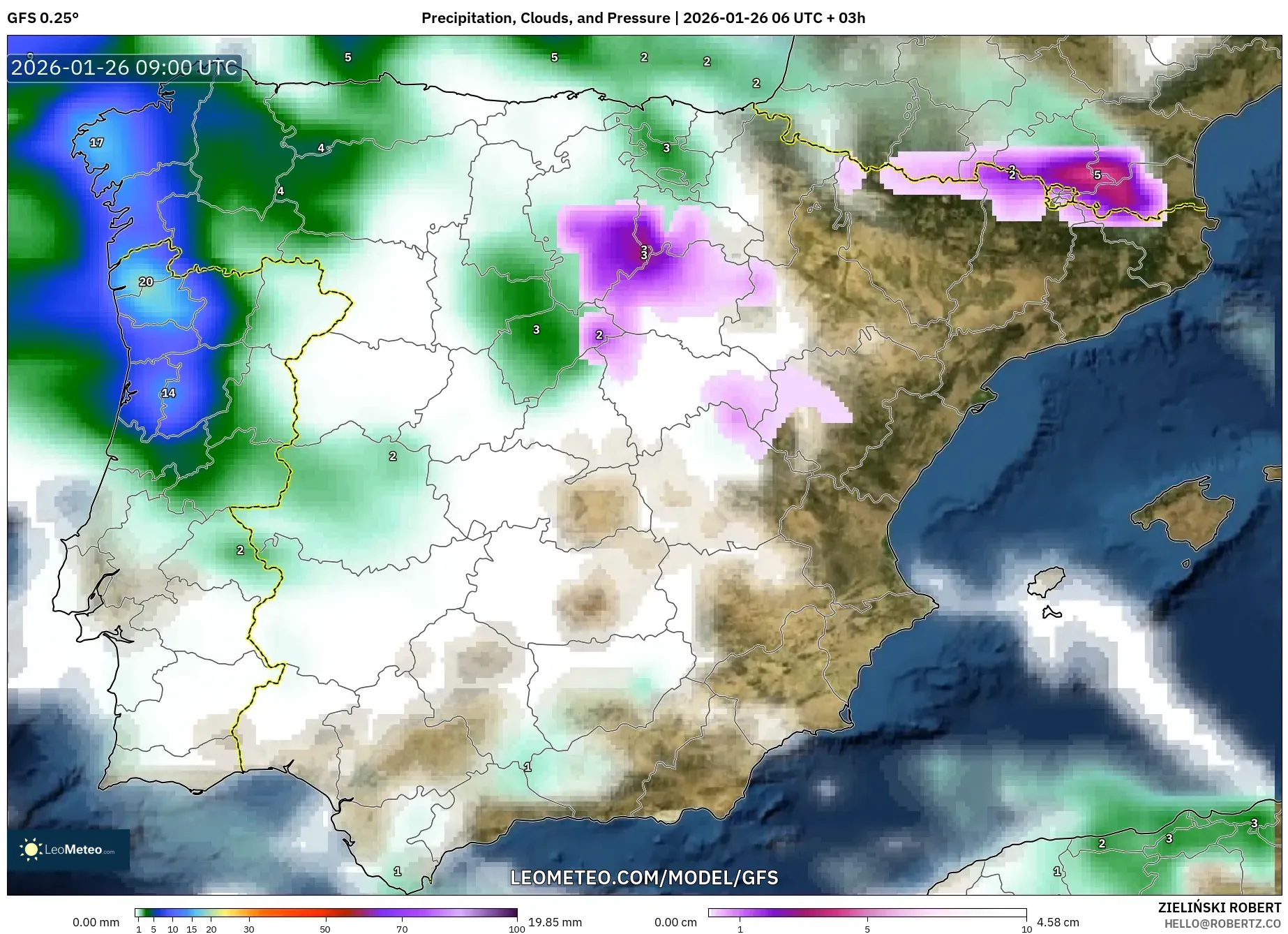 GFS model - İspanya, Yağış, Bulut ve Basınç