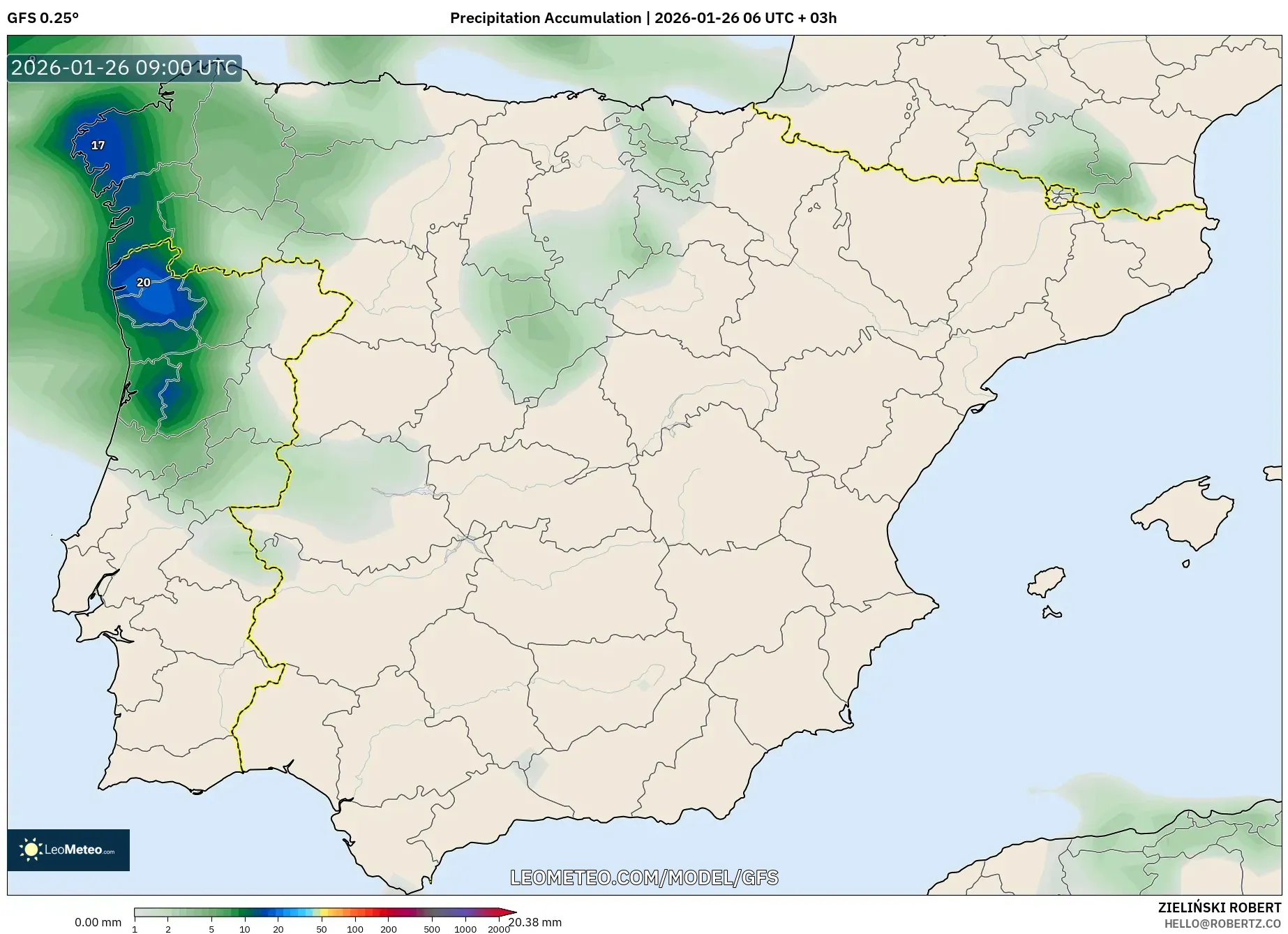 GFS model - İspanya, Yağış Birikimi