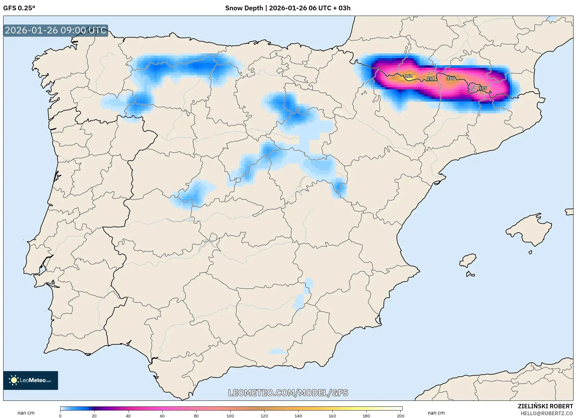 GFS model - İspanya, Kar Kalınlığı