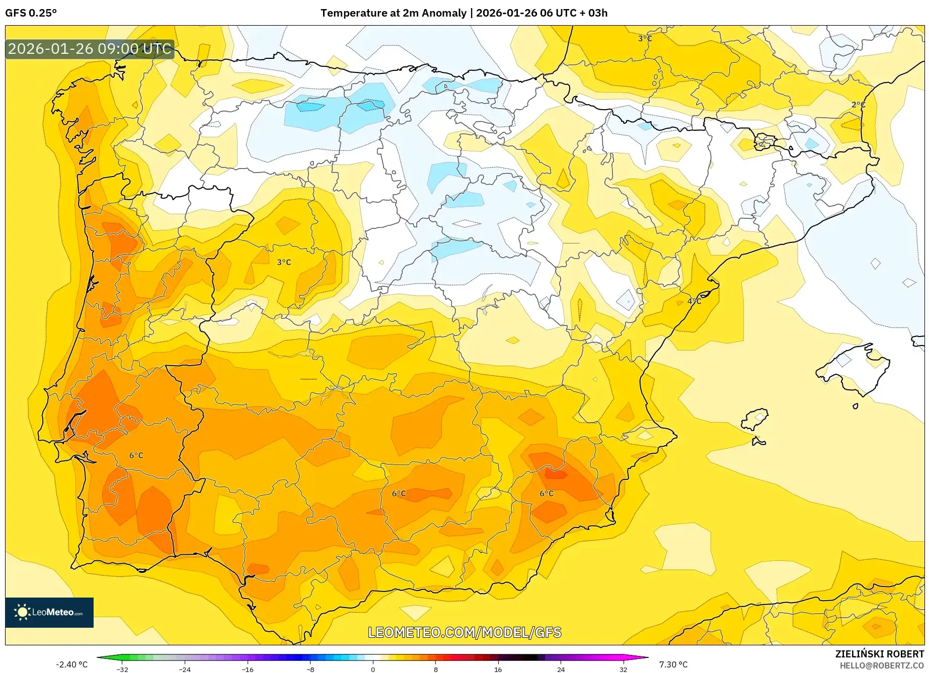 GFS model - İspanya, 2 m Sıcaklık Anomalisi